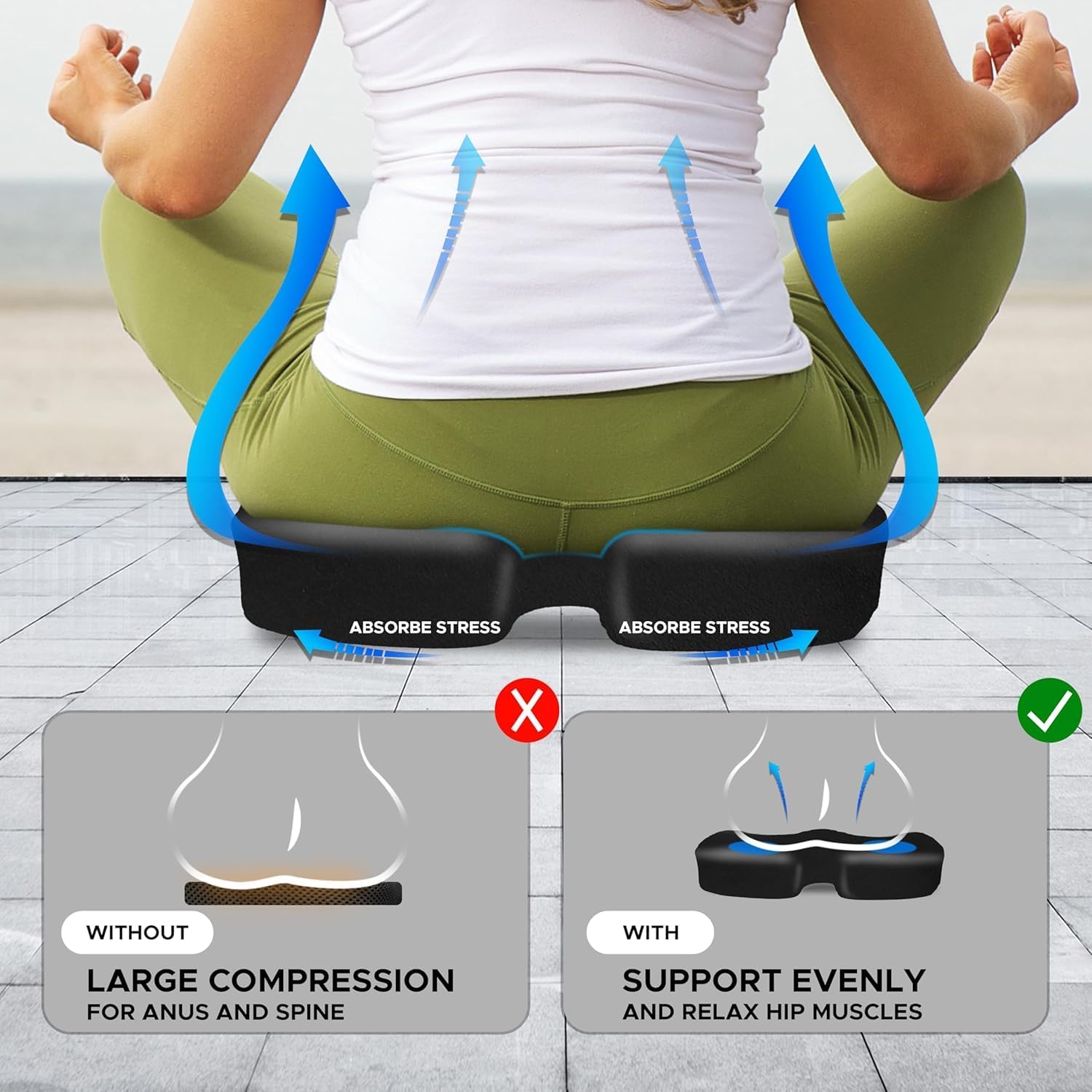 EcoNour Coccyx Cushion | Memory Foam Pain Relief Cushion for Back Support | Sciatica Tailbone Pain Relief | Anti-Slip Gel Orthopaedic Ergonomic Cushions for Office Chair (Seat Cushion Pack of 2)