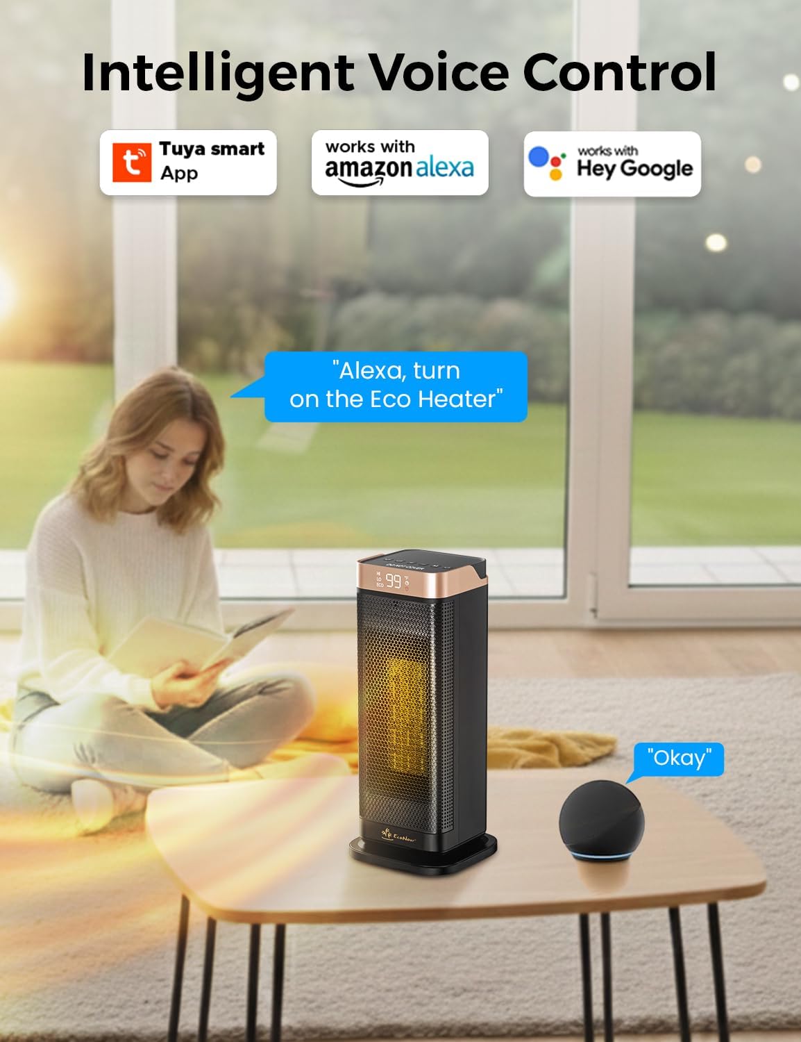 EcoNour Electric Heater, 2000 W Energy Efficient Space Silent Smart WiFi Room Heater, Portable Ceramic Room Heater with Thermostat, 3 Heat Modes, Fast Heating, Overheat & Tip-Over Safety Protection
