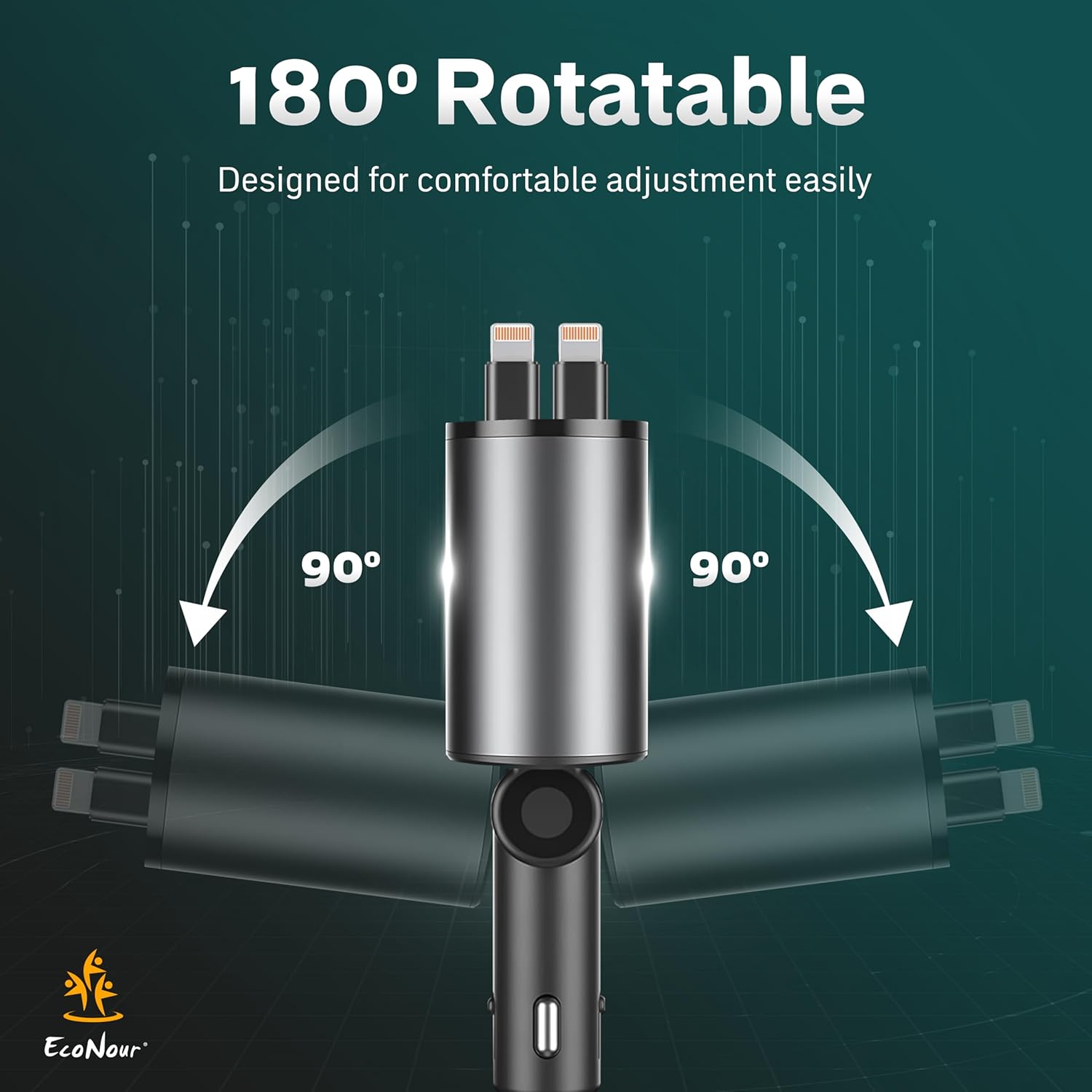EcoNour Super Fast 4-in-1 Retractable Car Charger | PD30W Dual Apple Charger for iPhones & Multiple Devices | 82 cm Long, Flexible & Compact Design | Compatible with Iphones, Samsung & Android Devices