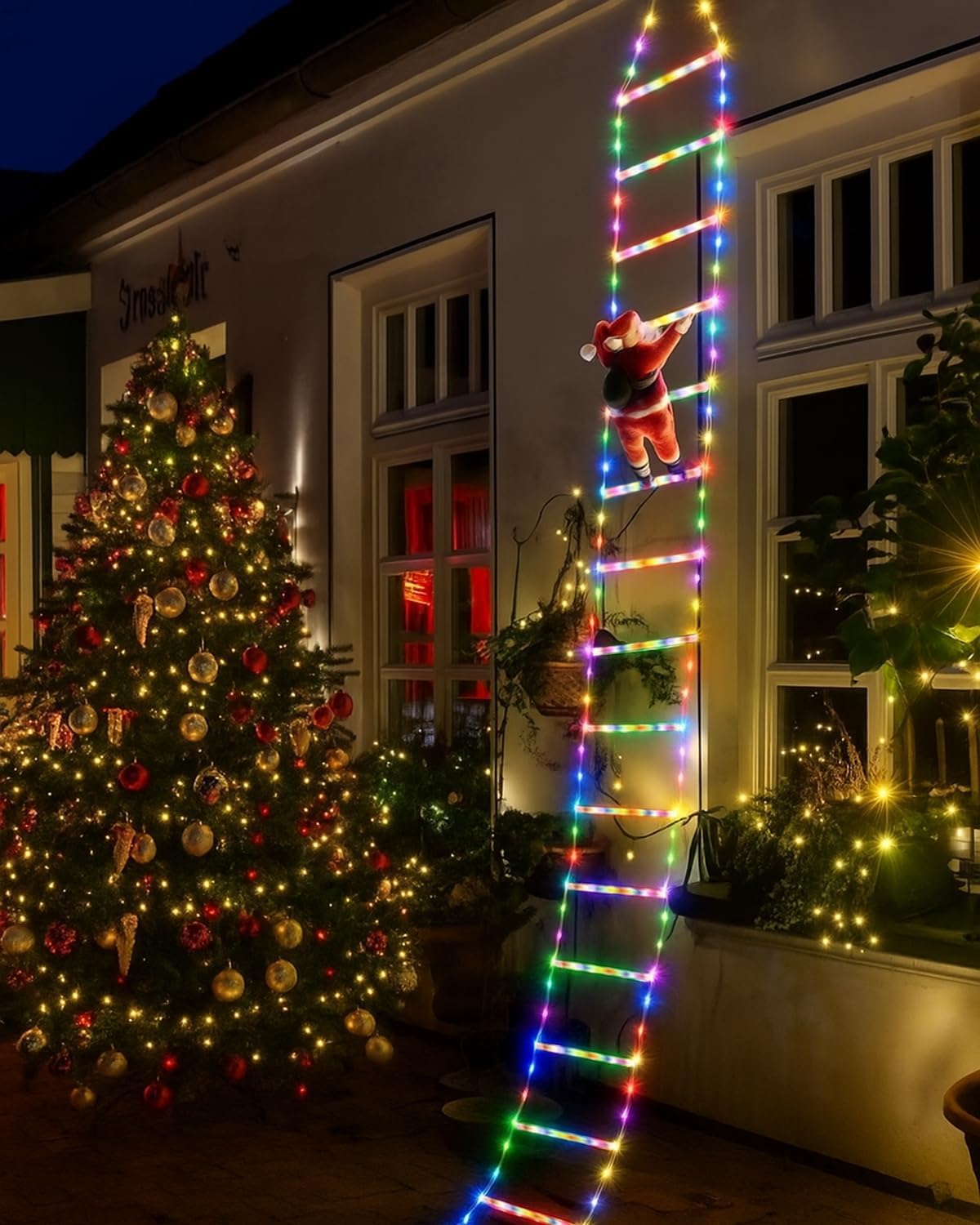 EcoNour Christmas Ladder Lights with Santa Claus - 400 LED Lights, 8 Light Modes, Timer Memory Function, Mains Powered, Indoor Outdoor Garden Tree Christmas Decorations (Multiple Color)