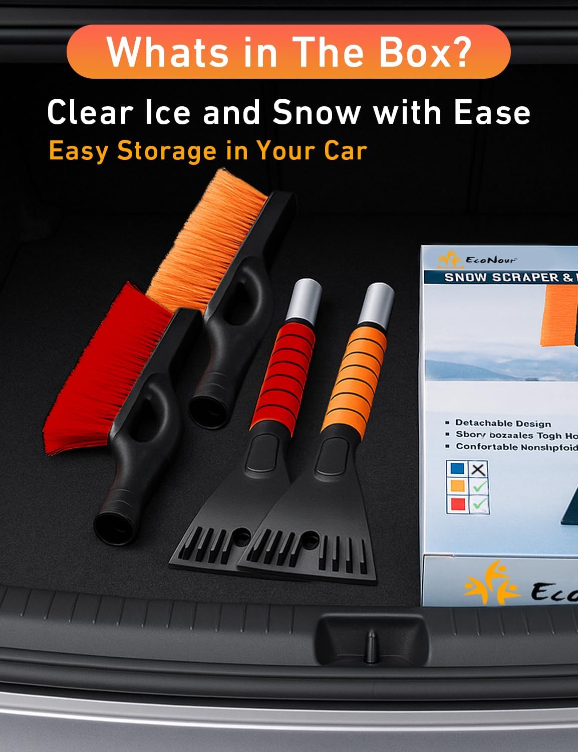 EcoNour 27" Aluminum Car Snow Scraper and Brush (Orange) | Weaved Bristle Head with Metal Body Ice Scraper for Car Windshield | Tough Ice Scraper with Ergonomic Foam Grip Winter Accessory | 2 Pack