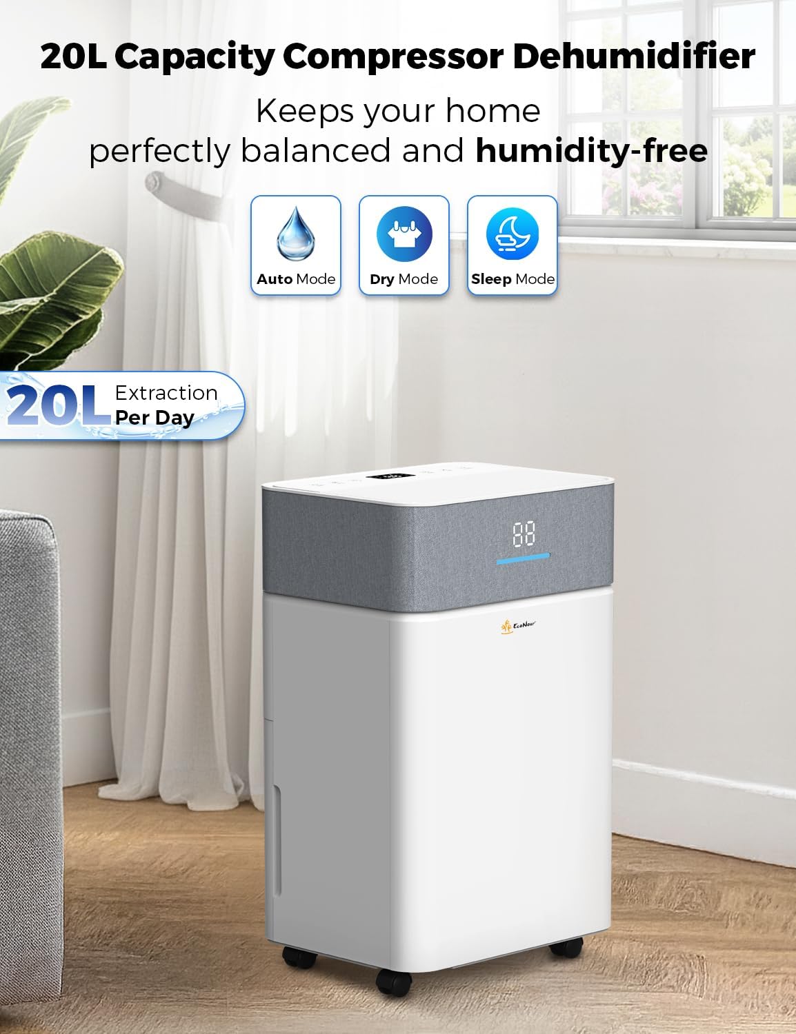 EcoNour Smart 20L WiFi Dehumidifier with Auto-Humidity Control | LED Display, 4.5L Tank, Laundry Dry Mode, 24-Hr Timer & Quiet Operation | Continuous Drain Option for Home, Bedroom, Basement & Garage
