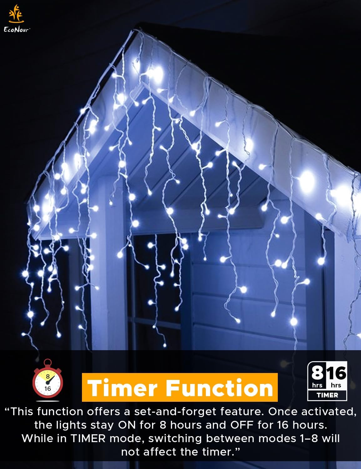 EcoNour Icicle Lights Outdoor Christmas Lights 360 LED 10M Cool White Decorations String Fairy Lights with Timer for Xmas Garden & Party | Mains Powered Clear Cable