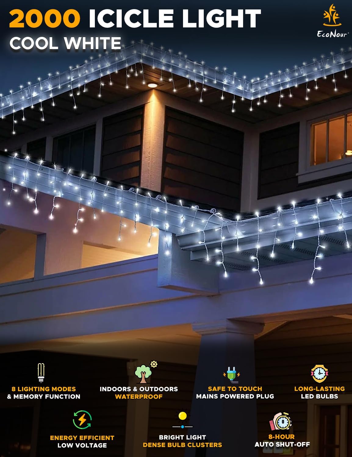 EcoNour Icicle Lights Outdoor Christmas Lights 2000 LED 60M Cool White Decorations String Fairy Lights with Timer for Xmas Garden & Party | Mains Powered Clear Cable