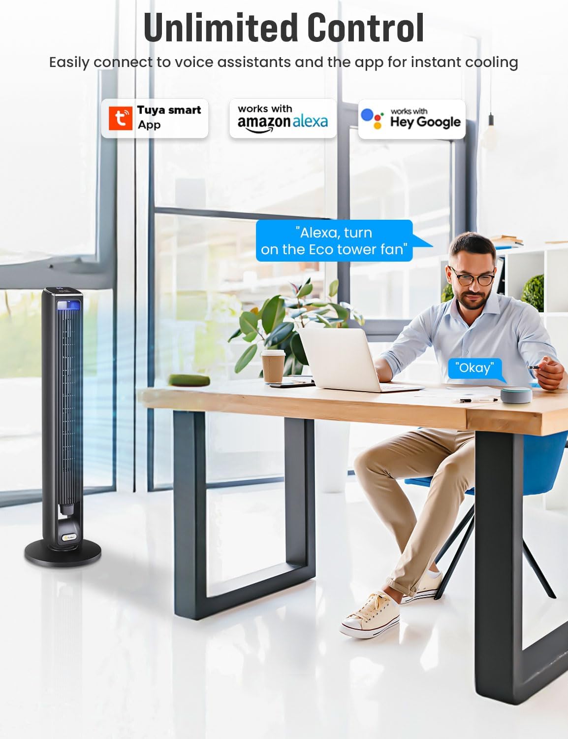EcoNour 42-Inch Smart Tower Fan | Oscillating Quite Cooling Fan with WiFi/Alexa/Remote Control | 12 Speeds, 3 Modes, 15H Auto Timer | LED Touch Display, Bladeless Design Fans for Bedroom & Office
