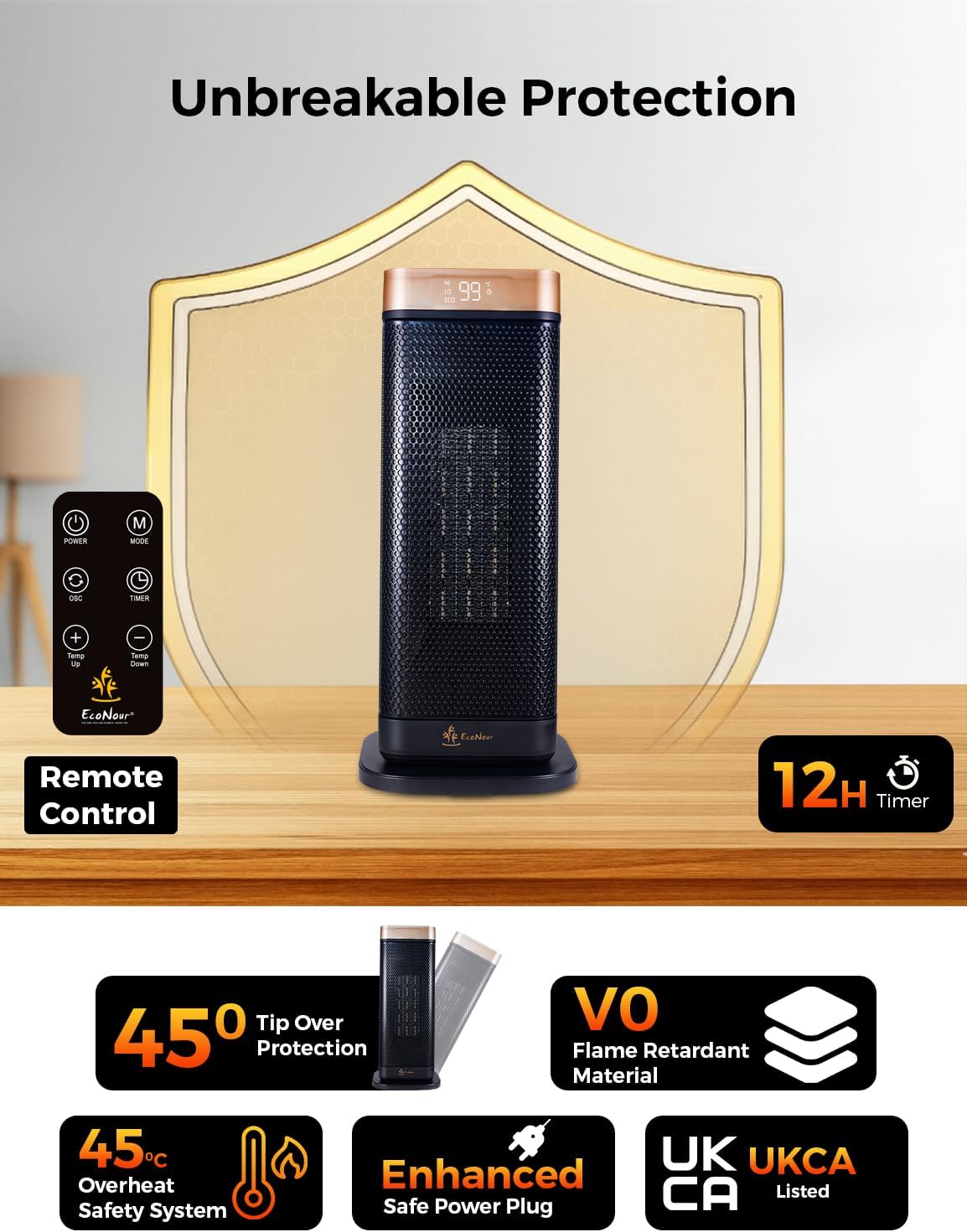 EcoNour Electric Heater, 2000 W Energy Efficient Space Silent Smart WiFi Room Heater, Portable Ceramic Room Heater with Thermostat, 3 Heat Modes, Fast Heating, Overheat & Tip-Over Safety Protection