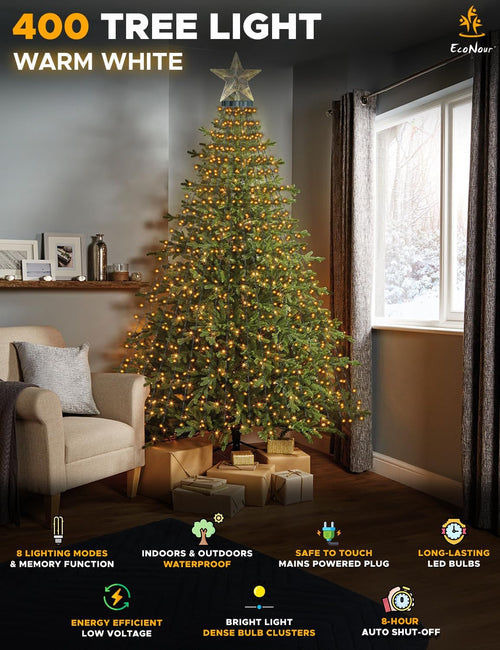 EcoNour 2m Cluster Tree Lights | 400 LED String Lights with Ring and 16 Garlands | 8 Modes LED String Lights for Christmas Trees (210cm & 240cm) | Warm White Light for Indoor and Outdoor Use