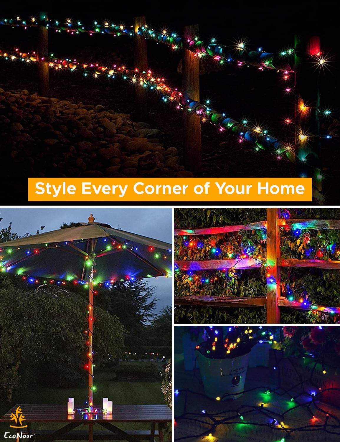 EcoNour Christmas Tree Lights, Cluster Compact 1000 LED Multi Color | 8 Hrs On Timer, 8 Light Mode, 2.5cm Bulb Distance Fairy String Lights Plug in - Timer and Memory Functions -Outdoor/Indoor Use