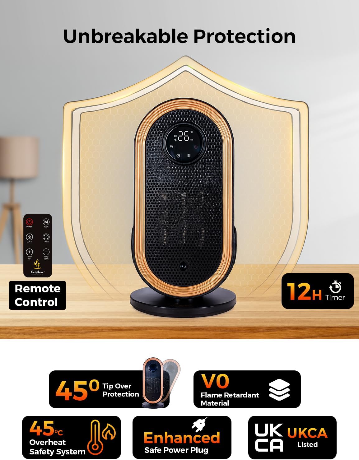 EcoNour Electric Heater, 1500 W Energy Efficient Space Silent Smart WiFi Room Heater, Portable Ceramic Room Heater with Thermostat, 3 Heat Modes, Fast Heating, Overheat & Tip-Over Safety Protection