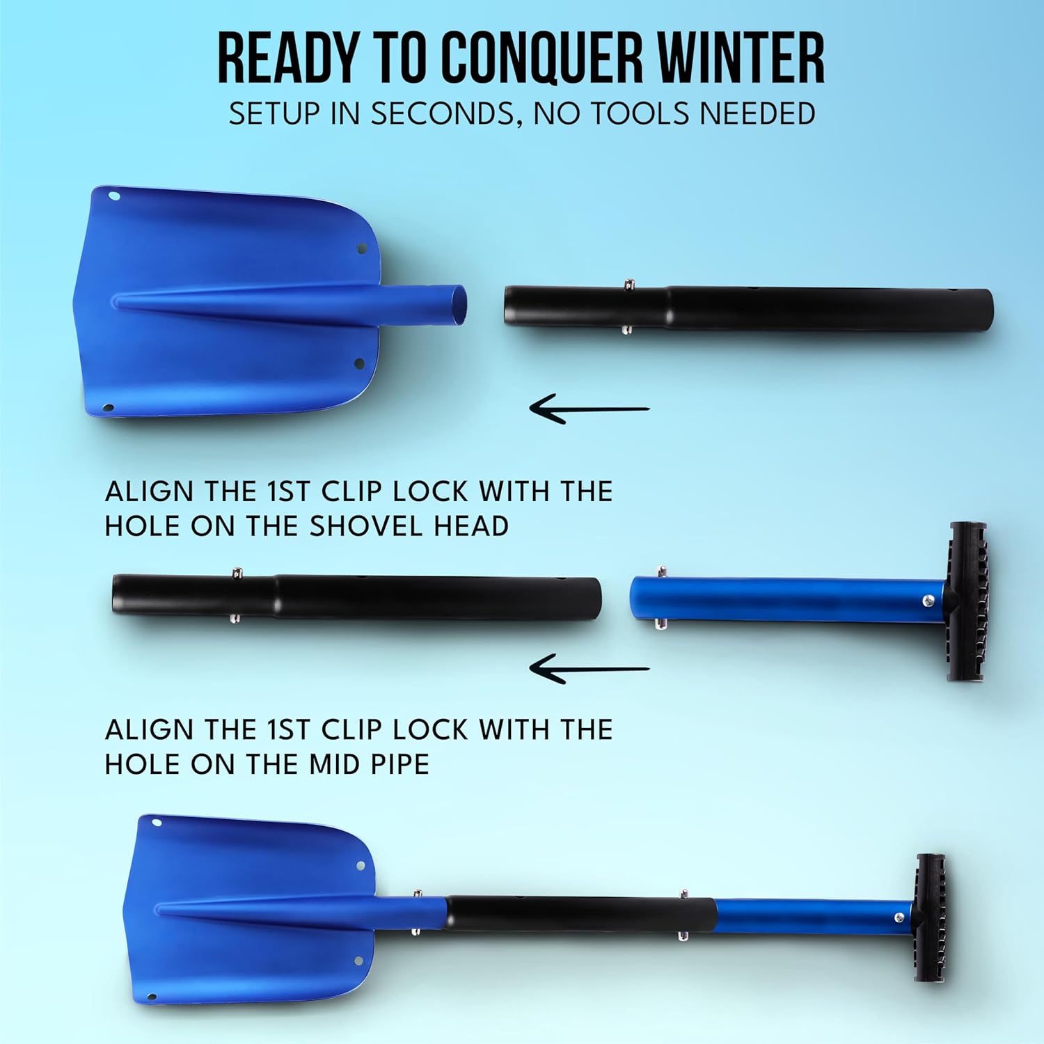EcoNour 32" Multipurpose Snow Shovel for Car Driveway | Lightweight Aluminum Car Shovel for Snow, Sand, and Garden Use | Heavy-Duty, Foldable 3-Piece Shovel for Car, Home, and Outdoors (Blue)