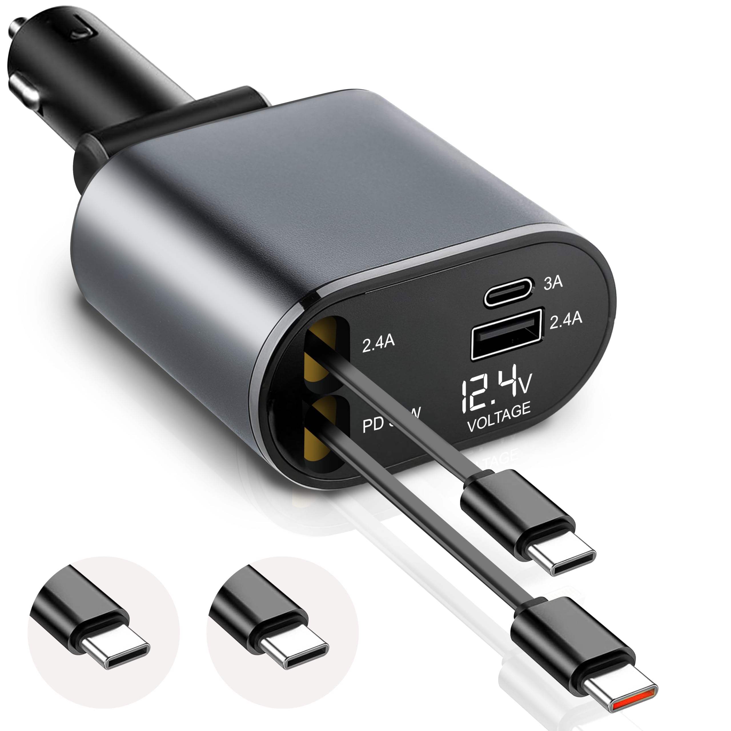 EcoNour Super Fast 4-in-1 Retractable Car Charger | PD30W Dual Apple Charger for iPhones & Multiple Devices | 82 cm Long, Flexible & Compact Design | Compatible with Iphones, Samsung & Android Devices