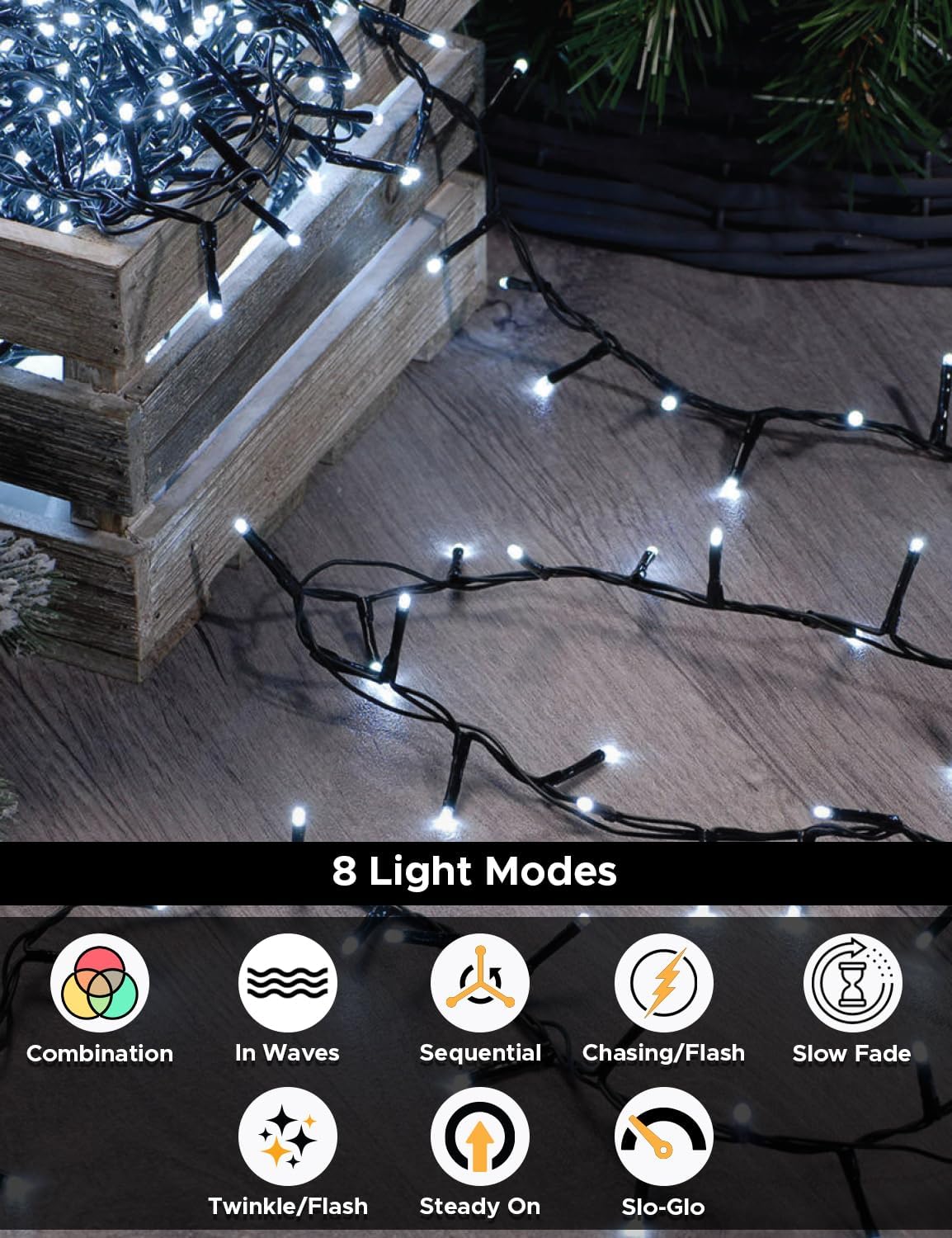 EcoNour Christmas Tree Lights, Cluster Compact 1500 LED Cool White | 8 Hrs On Timer, 8 Light Mode, 2.5cm Bulb Distance Fairy String Lights Plug in - Timer and Memory Functions -Outdoor/Indoor Use