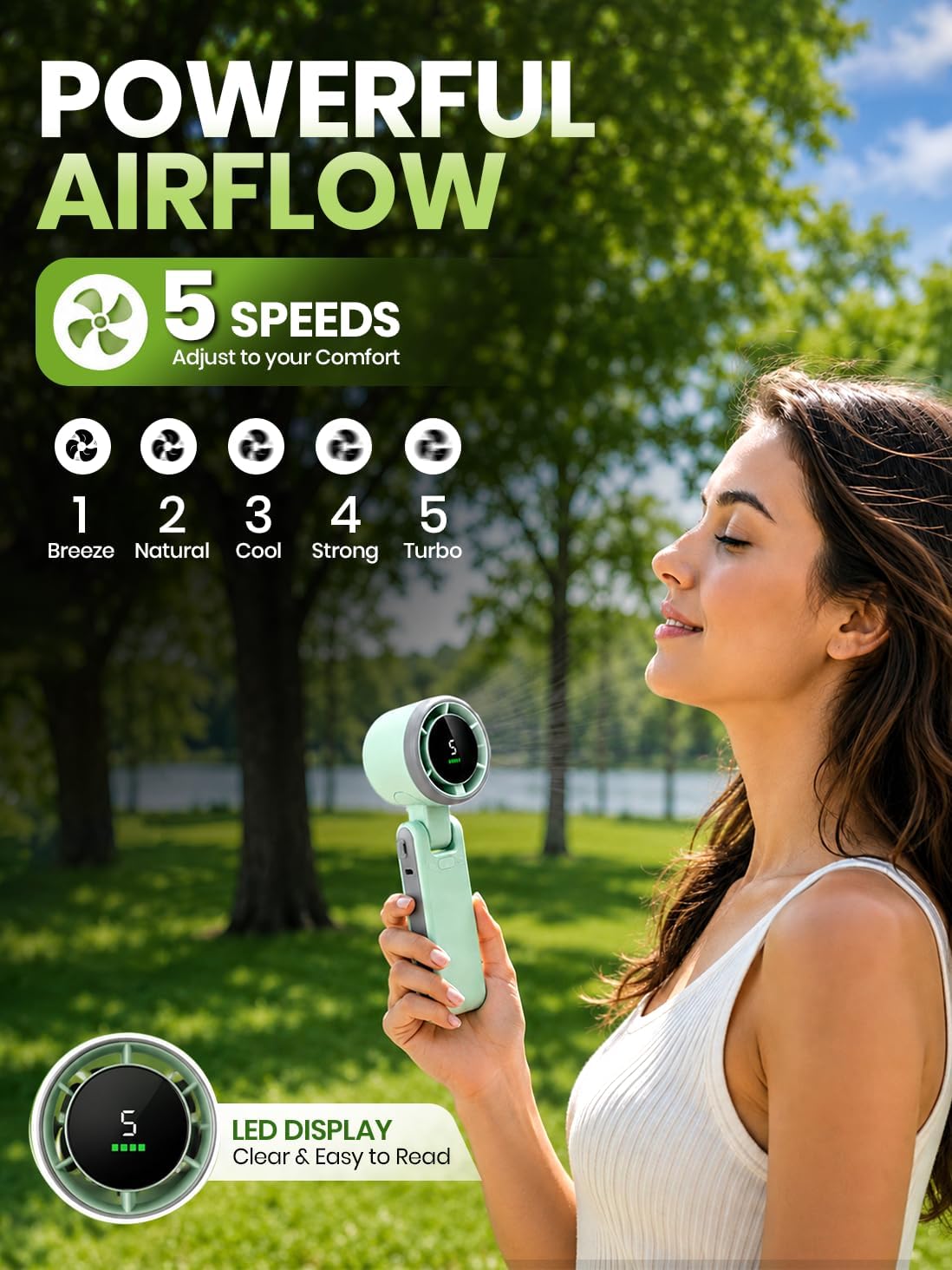 EcoNour Portable Handheld Turbo Fan - 5 Gear High Speed 4000mAh Rechargeable Mini Personal Hand Fan Blow Cold Air, Battery Operated Travel Essentials, Holiday Gifts for Women, Men - Green