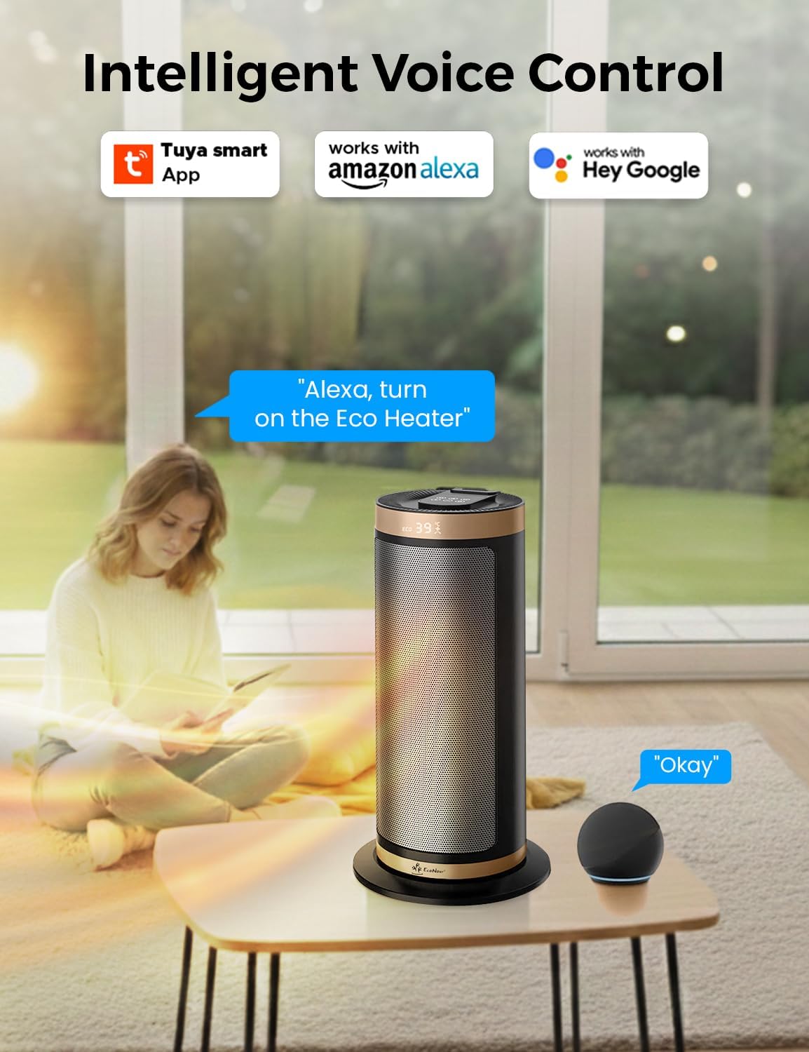 EcoNour Electric Heater, 2000 W Energy Efficient Space Silent Smart WiFi Room Heater, Portable Ceramic Room Heater with Thermostat, 3 Heat Modes, Fast Heating, Overheat & Tip-Over Safety Protection