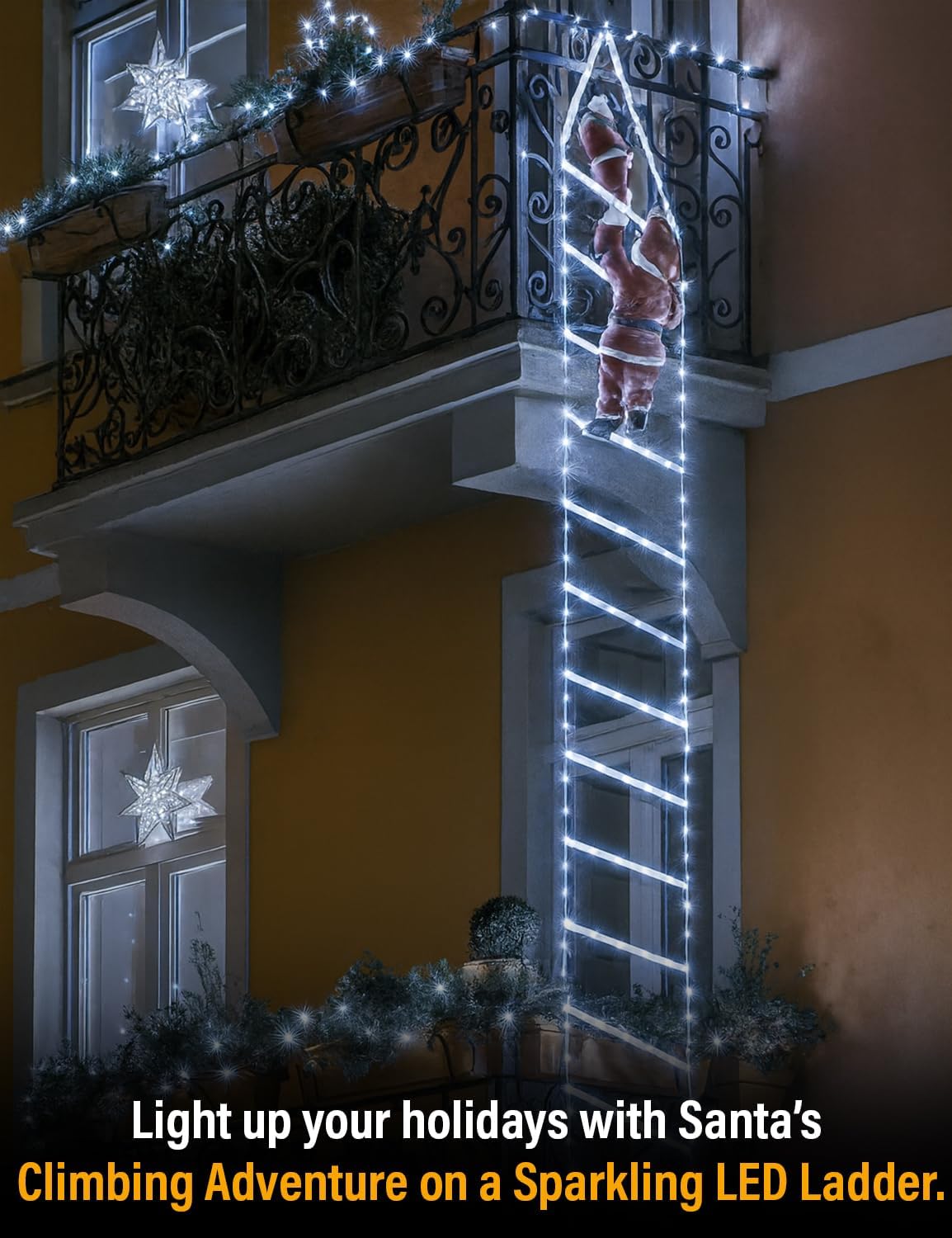 EcoNour Christmas Ladder Lights with Santa Claus - 400 LED Lights, 8 Light Modes, Timer Memory Function, Mains Powered, Indoor Outdoor Garden Tree Christmas Decorations (Cool White)
