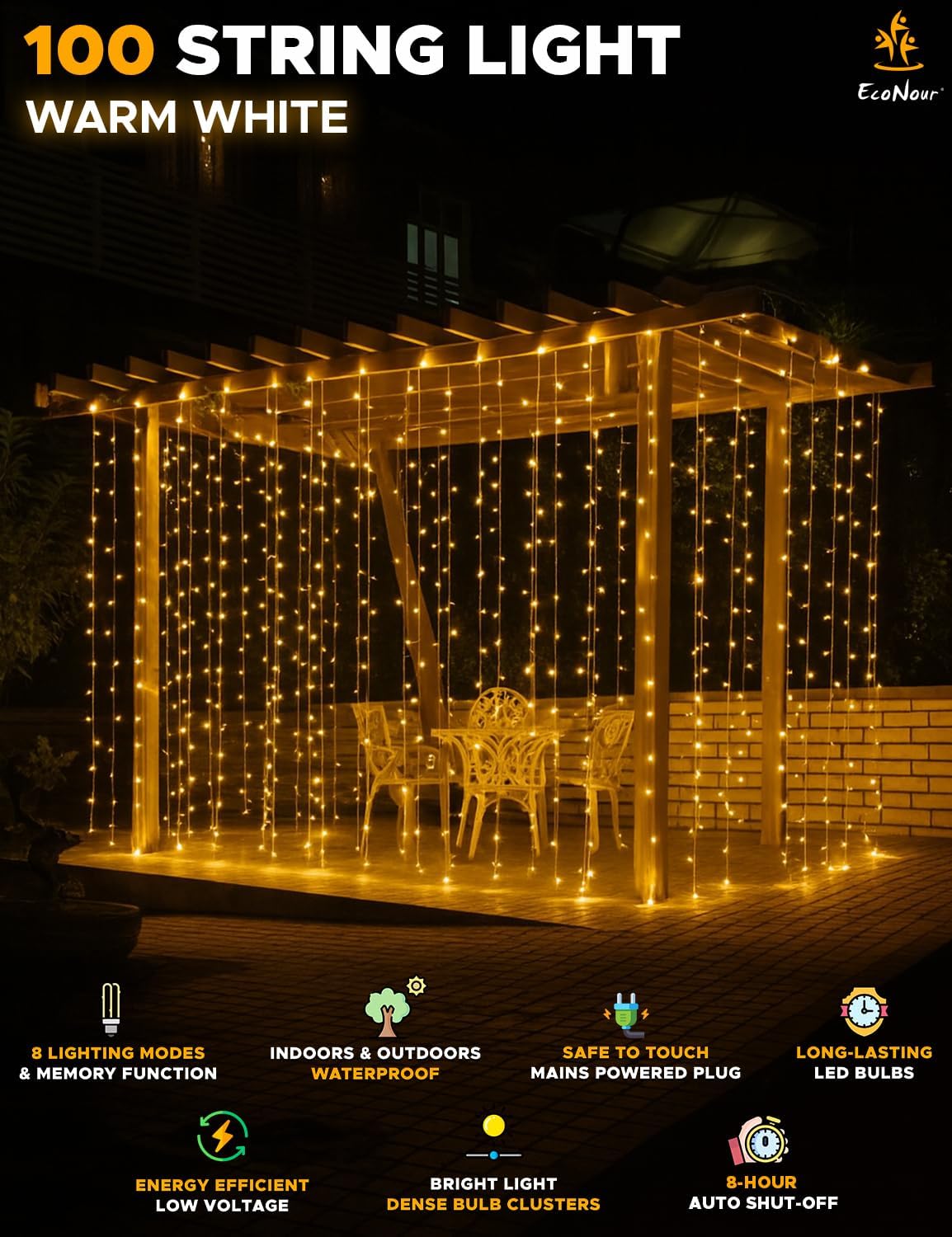 EcoNour String Lights 100 LED 10m String Tree Lights for Indoor & Outdoor Warm White Decorations Fairy String Lights for Xmas Garden Bedroom & Party | Mains Powered Clear Cable