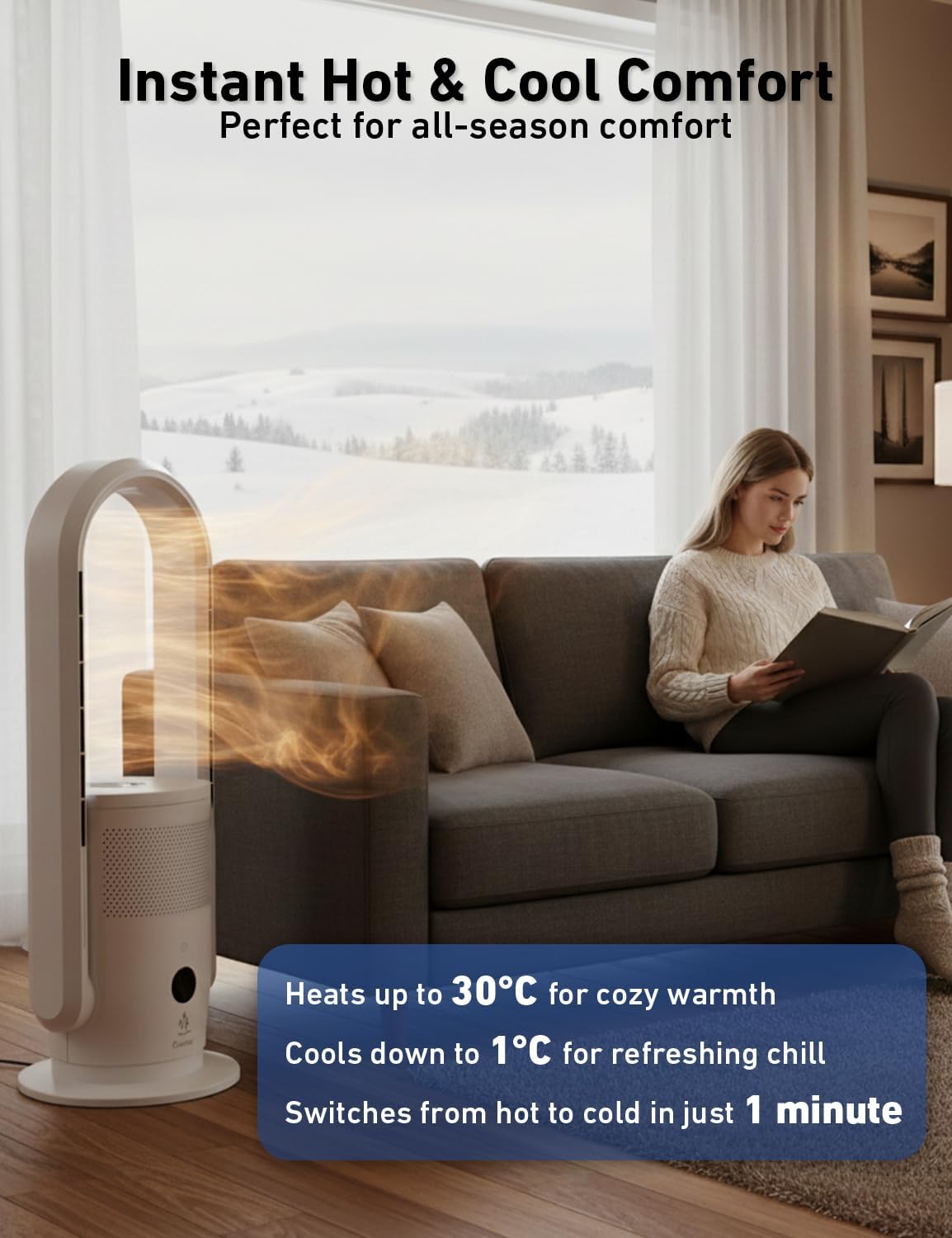 EcoNour Bladeless Hot & Cool Tower Fan with Air Purifier | Remote Control, 30°Tilt,12-Speed Quiet Cooling, Fast Heating, Sleep Mode, Safety Protection, Compatible with Alexa Bedroom, Kitchen - 28"