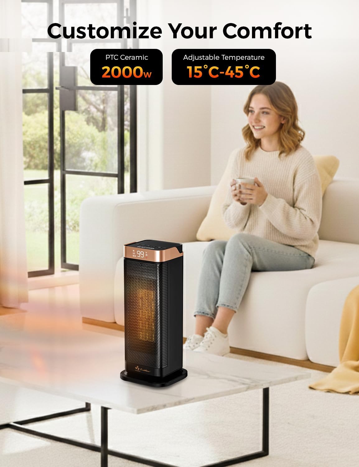 EcoNour Electric Heater, 2000 W Energy Efficient Space Silent Smart WiFi Room Heater, Portable Ceramic Room Heater with Thermostat, 3 Heat Modes, Fast Heating, Overheat & Tip-Over Safety Protection