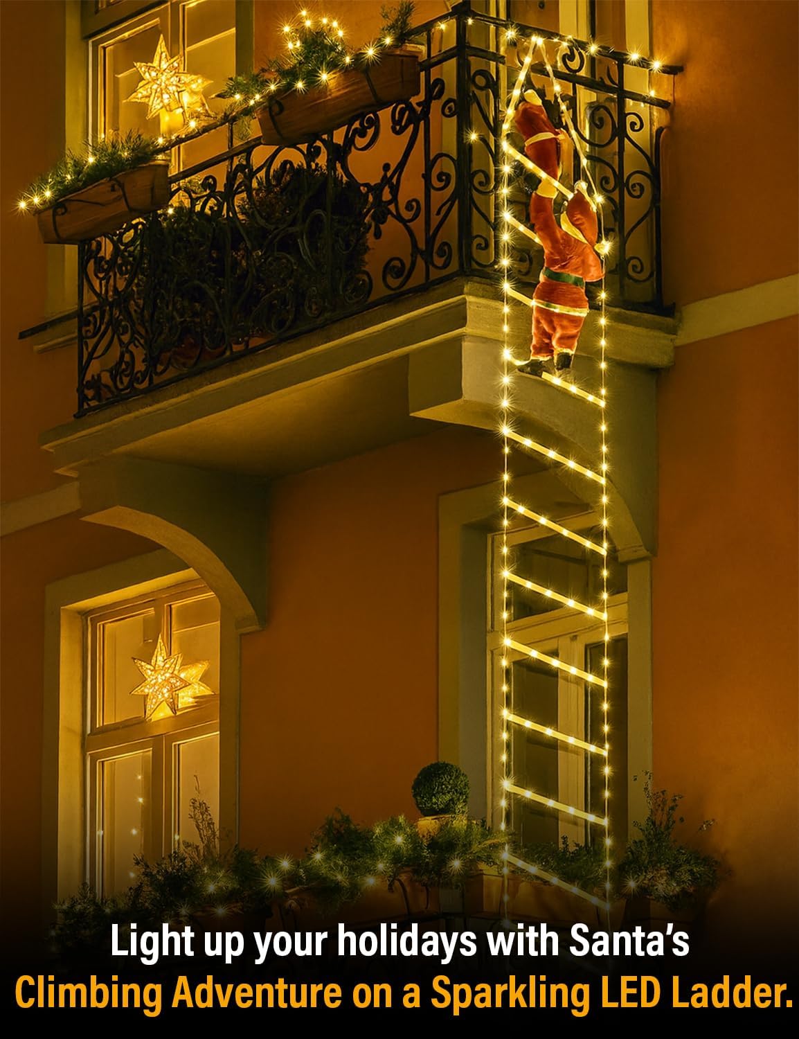 EcoNour Christmas Ladder Lights with Santa Claus - 200 LED Lights, 8 Light Modes, Timer Memory Function, Mains Powered, Indoor Outdoor Garden Tree Christmas Decorations (Warm White)