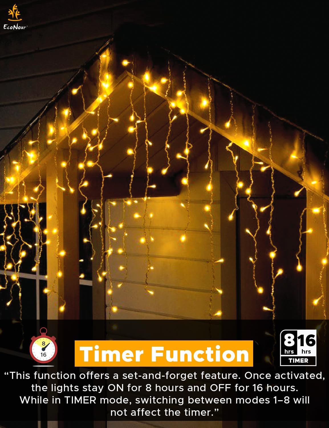 EcoNour Icicle Lights Outdoor Christmas Lights 240 LED 7.5M Warm White Decorations String Fairy Lights with Timer for Xmas Garden & Party | Mains Powered Clear Cable