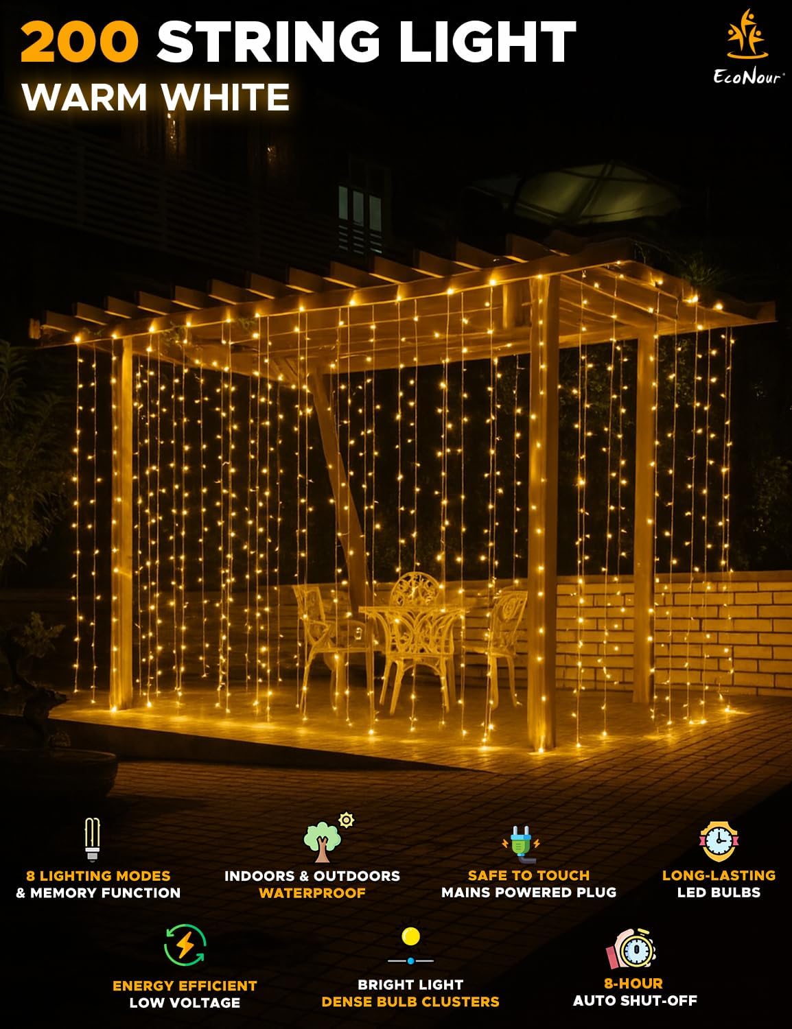 EcoNour String Lights 200 LED 20m String Tree Lights for Indoor & Outdoor Warm White Decorations Fairy String Lights for Xmas Garden Bedroom & Party | Mains Powered Clear Cable
