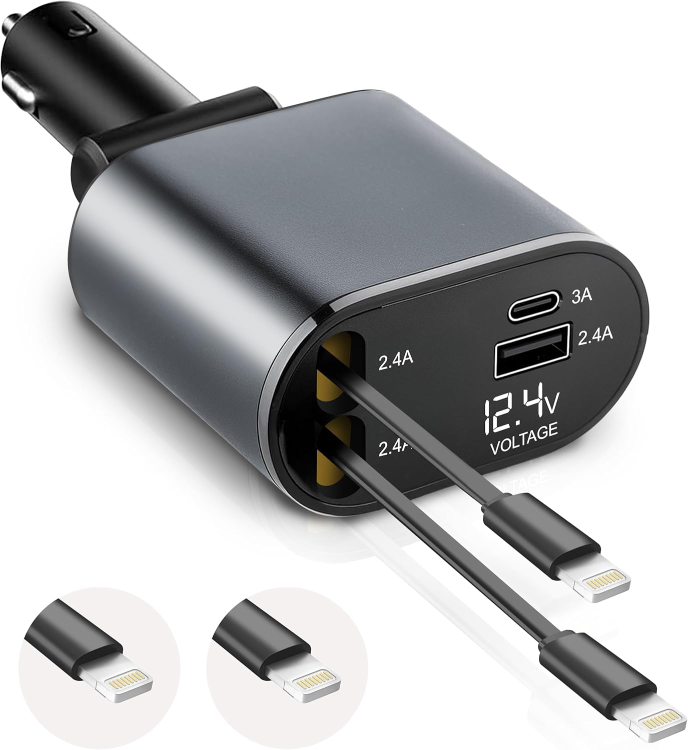 EcoNour Super Fast 4-in-1 Retractable Car Charger | PD30W Dual Apple Charger for iPhones & Multiple Devices | 82 cm Long, Flexible & Compact Design | Compatible with Iphones, Samsung & Android Devices