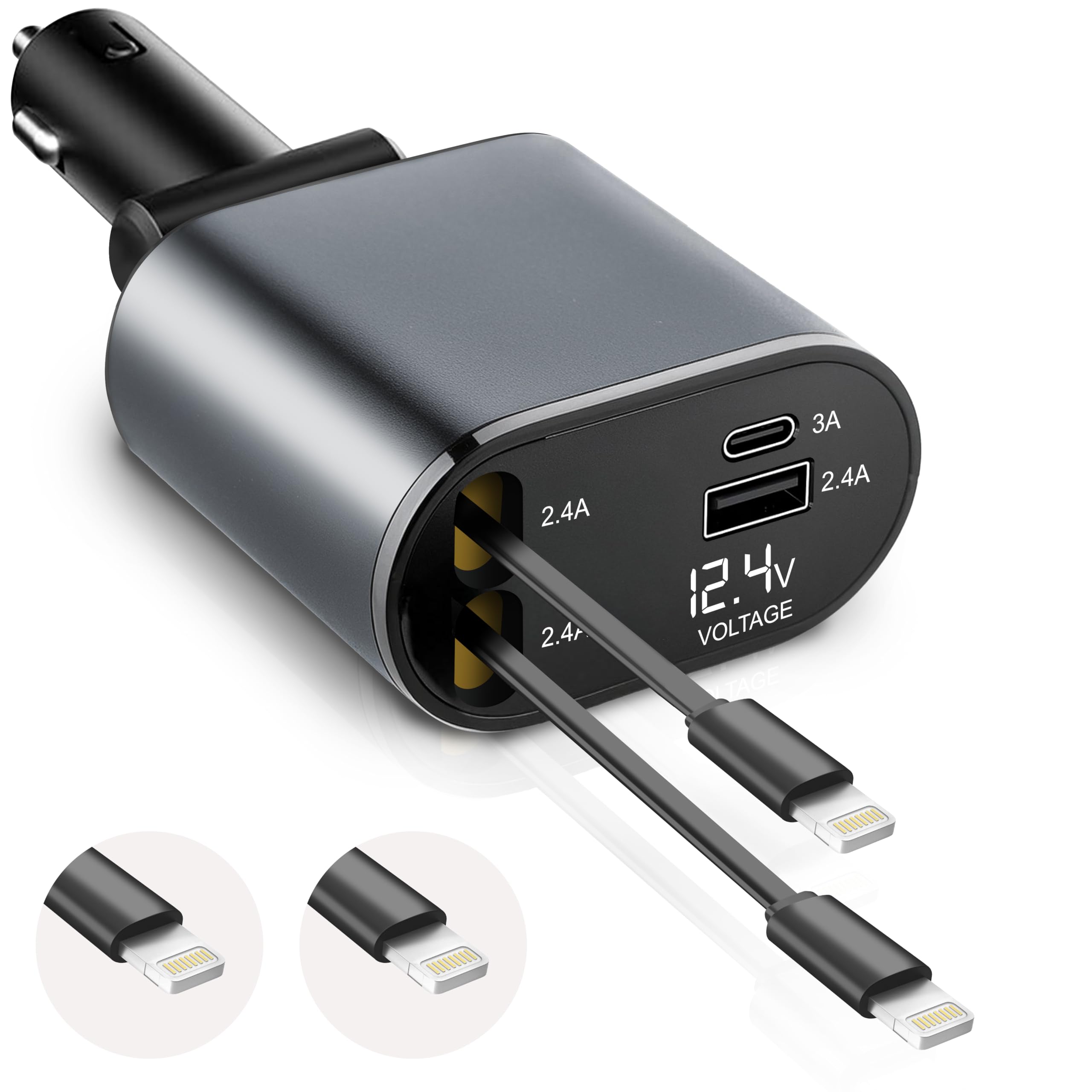 EcoNour Super Fast 4-in-1 Retractable Car Charger | PD30W Dual Apple Charger for iPhones & Multiple Devices | 82 cm Long, Flexible & Compact Design | Compatible with Iphones, Samsung & Android Devices