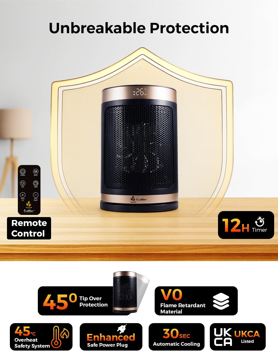 EcoNour Electric Heater, 1500 W Energy Efficient Space Silent Smart WiFi Room Heater, Portable Ceramic Room Heater with Thermostat, 3 Heat Modes, Fast Heating, Overheat & Tip-Over Safety Protection