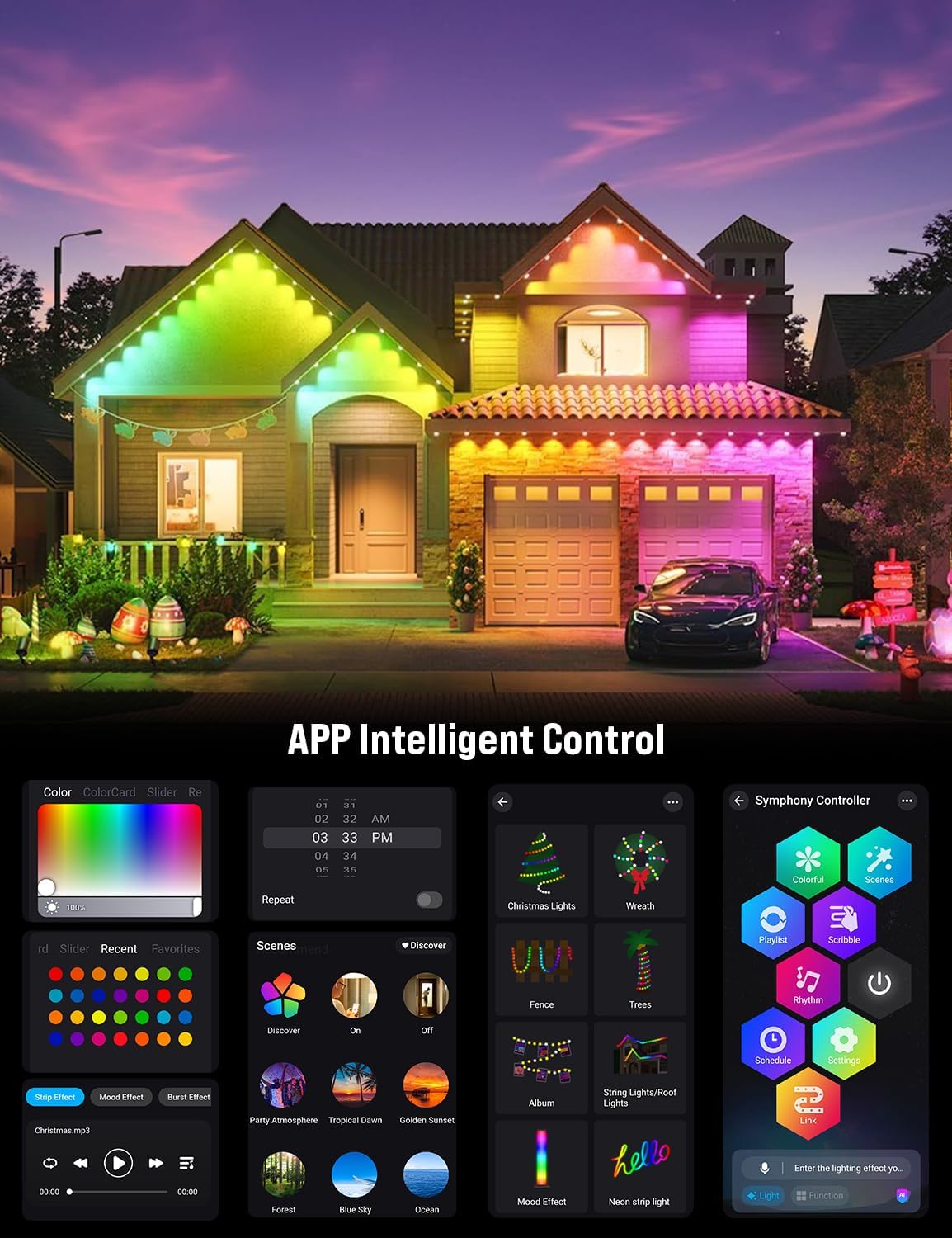 EcoNour 150 FT RGB Smart Permanent Outdoor Lights | Waterproof LED Eaves Lights with App & Remote Control | Colorful RGB Light with Music Sync | Smart Outdoor LED Christmas Light with Festive Effects