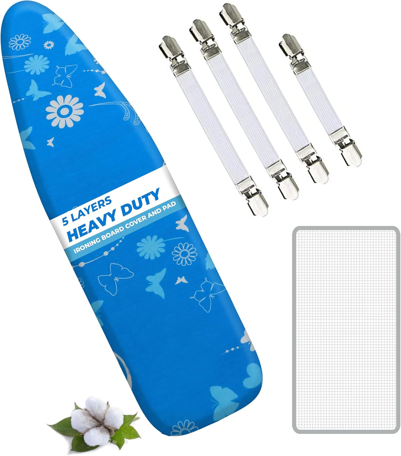 EcoNour Ironing Board Covers 124 x 38 cm Extra Thick 7mm Padding, 100% Cotton Top Covers Easy-Fit for Protecting Ironing Board Cover Complete Set with 4 Strings - Large