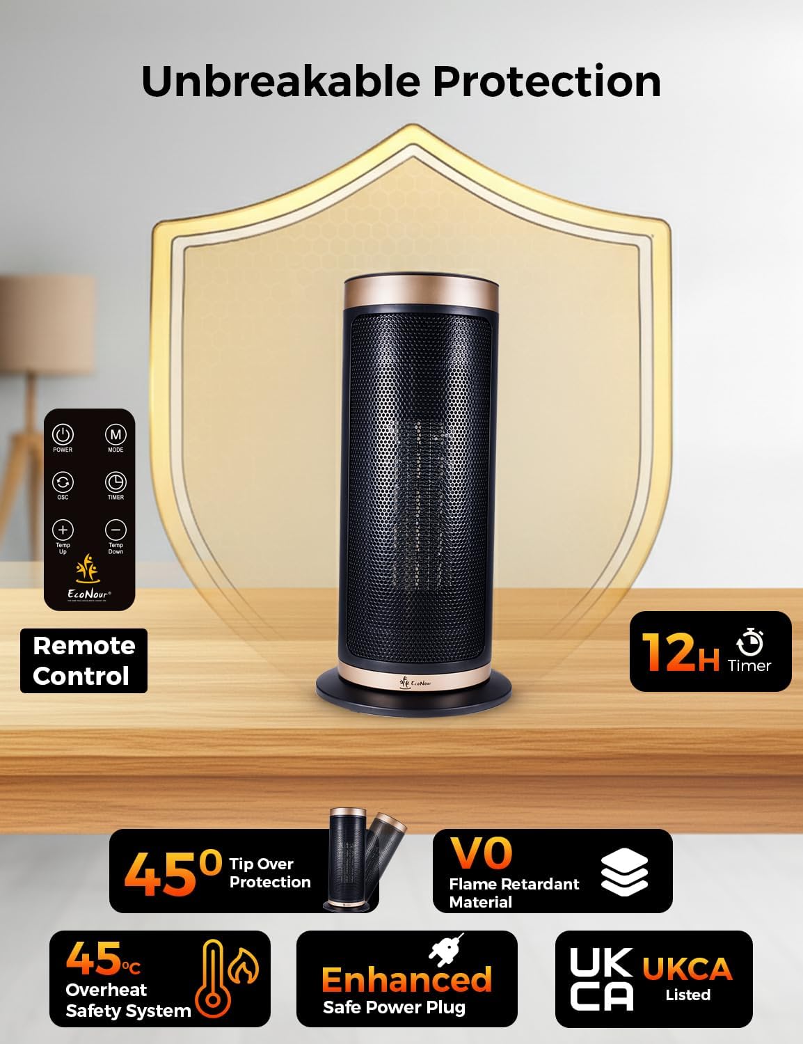 EcoNour Electric Heater, 2000 W Energy Efficient Space Silent Smart WiFi Room Heater, Portable Ceramic Room Heater with Thermostat, 3 Heat Modes, Fast Heating, Overheat & Tip-Over Safety Protection