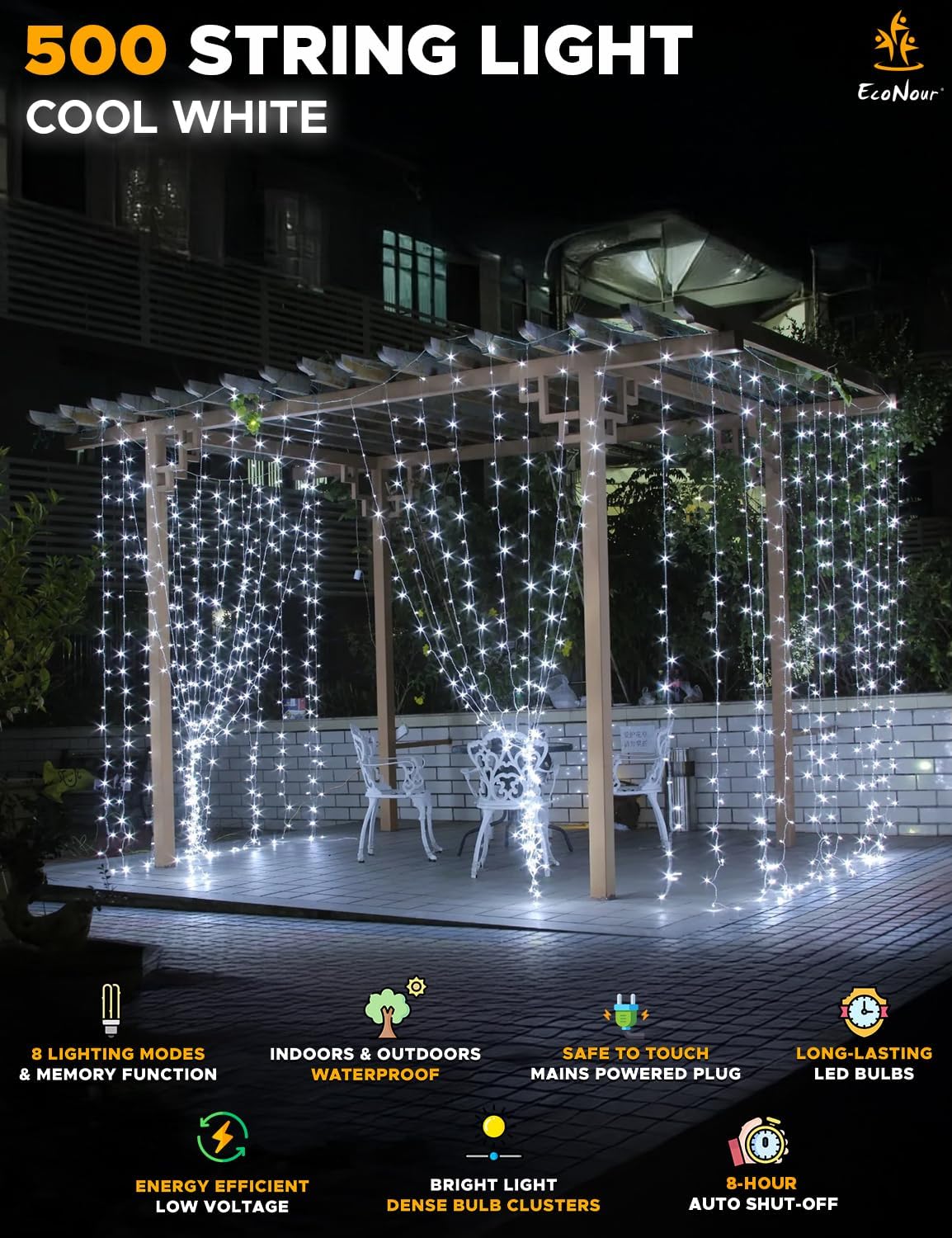 EcoNour String Lights 500 LED 30m String Tree Lights for Indoor & Outdoor Cool White Decorations Fairy String Lights for Xmas Garden Bedroom & Party | Mains Powered Clear Cable