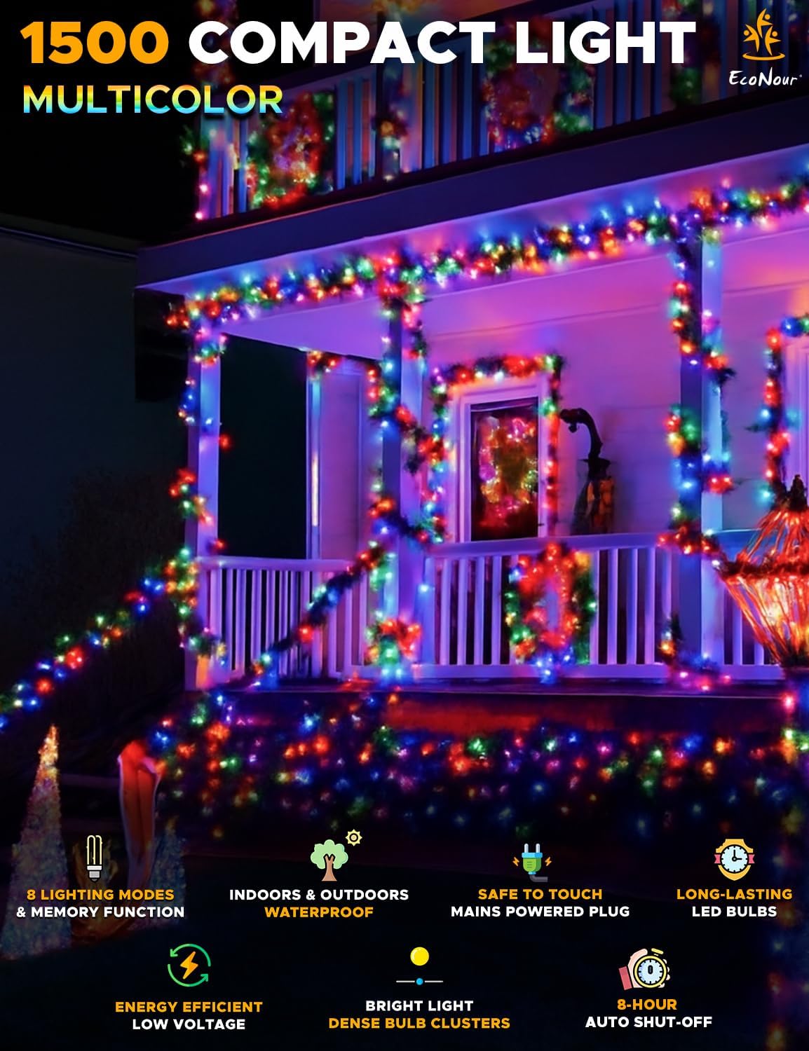 EcoNour Christmas Tree Lights, Cluster Compact 1500 LED Multi Color | 8 Hrs On Timer, 8 Light Mode, 2.5cm Bulb Distance Fairy String Lights Plug in - Timer and Memory Functions -Outdoor/Indoor Use