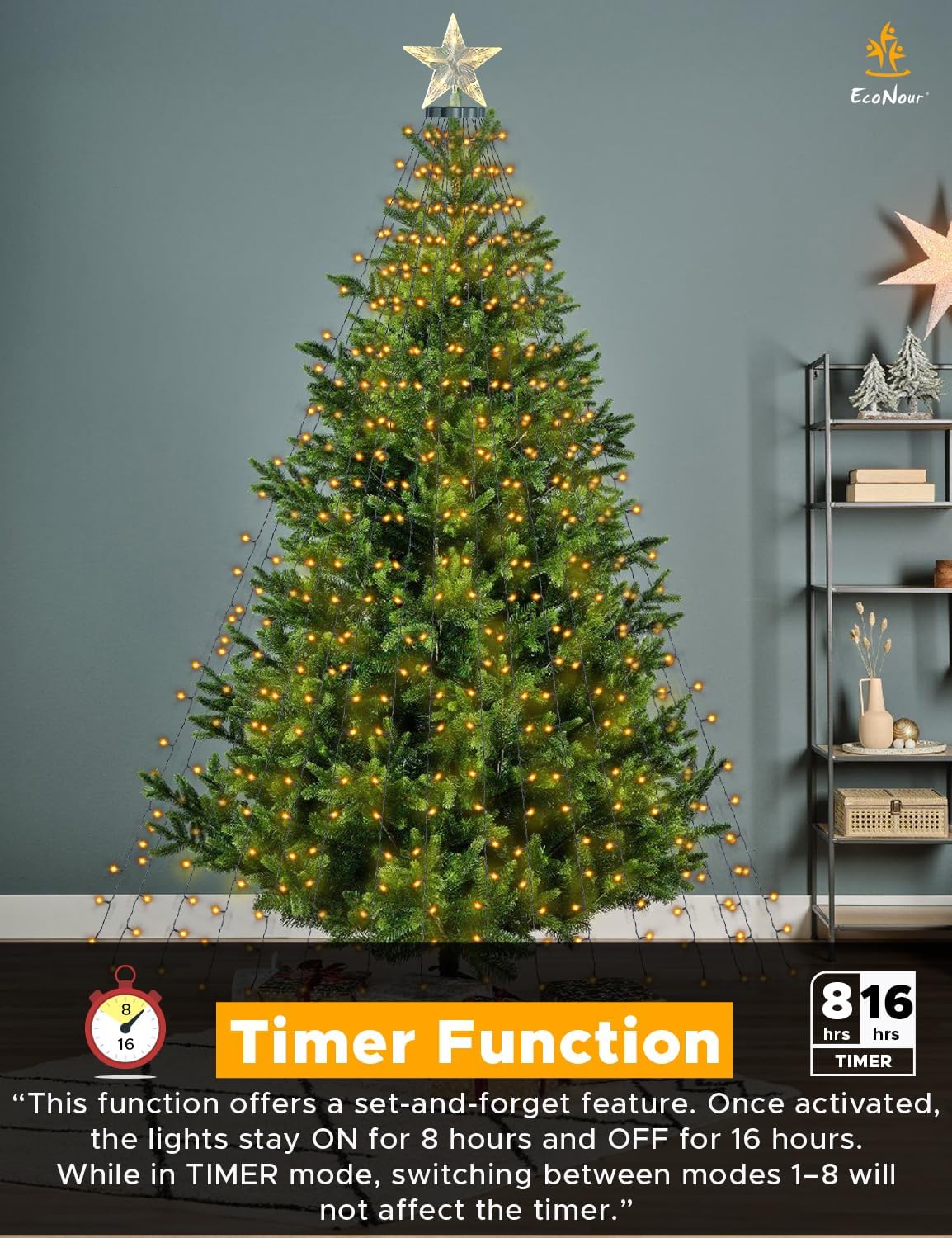 EcoNour 2m Cluster Tree Lights | 400 LED String Lights with Ring and 16 Garlands | 8 Modes LED String Lights for Christmas Trees (210cm & 240cm) | Warm White Light for Indoor and Outdoor Use