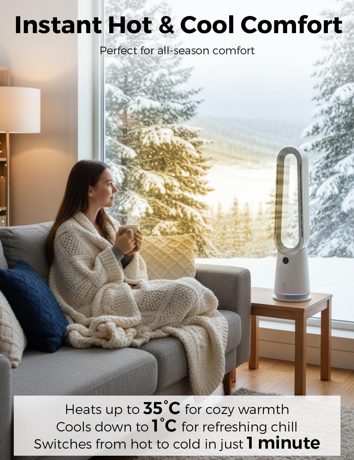 EcoNour Bladeless Hot & Cool Tower Fan | 1–9 Speed Quiet Airflow, 4 Modes, 80° Oscillation, 1599 m³/h Airflow, Heats up to 35°C | Remote & Alexa Compatible | Bedroom, Office, Home