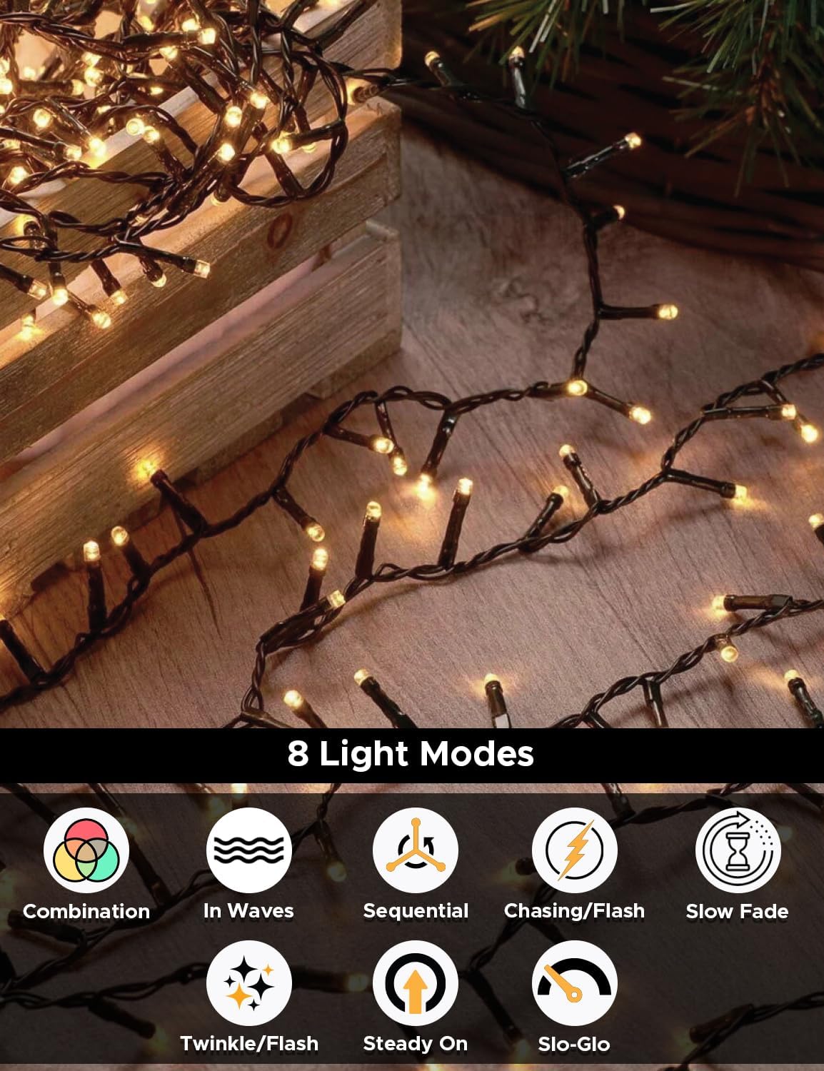 EcoNour Christmas Tree Lights, Cluster Compact 1500 LED Warm White | 8 Hrs On Timer, 8 Light Mode, 2.5cm Bulb Distance Fairy String Lights Plug in - Timer and Memory Functions -Outdoor/Indoor Use
