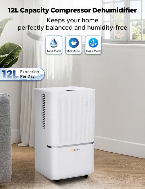 EcoNour 12L Smart WiFi Dehumidifier for Home, with Auto-Humidity Sensor, LED Display, Quiet, 24-Hour Timer & Continuous Drainage, Laundry Drying, Child Lock Protection – for Home, Bedroom & Bathroom