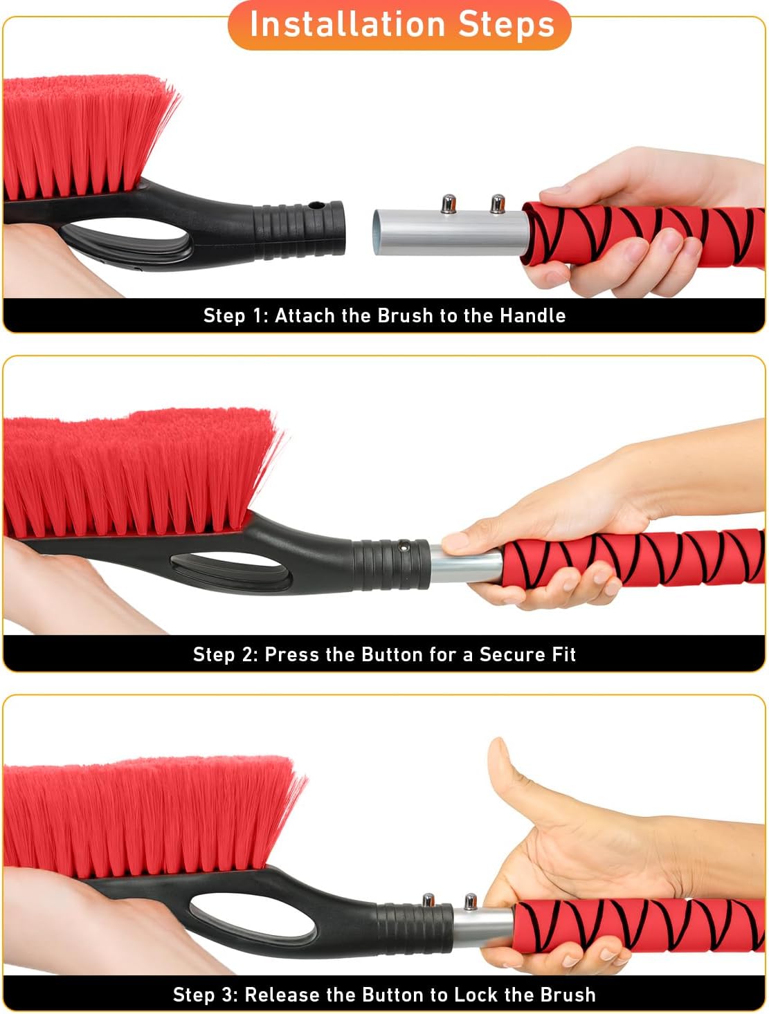 EcoNour 27" Aluminum Car Snow Scraper and Brush (Orange) | Weaved Bristle Head with Metal Body Ice Scraper for Car Windshield | Tough Ice Scraper with Ergonomic Foam Grip Winter Accessory | 2 Pack