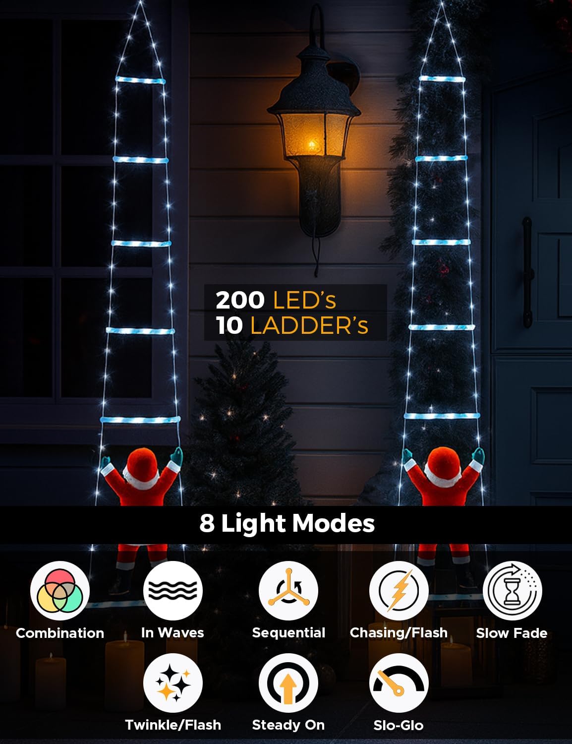 EcoNour Christmas Ladder Lights with Santa Claus - 200 LED Lights, 8 Light Modes, Timer Memory Function, Mains Powered, Indoor Outdoor Garden Tree Christmas Decorations (Cool White)