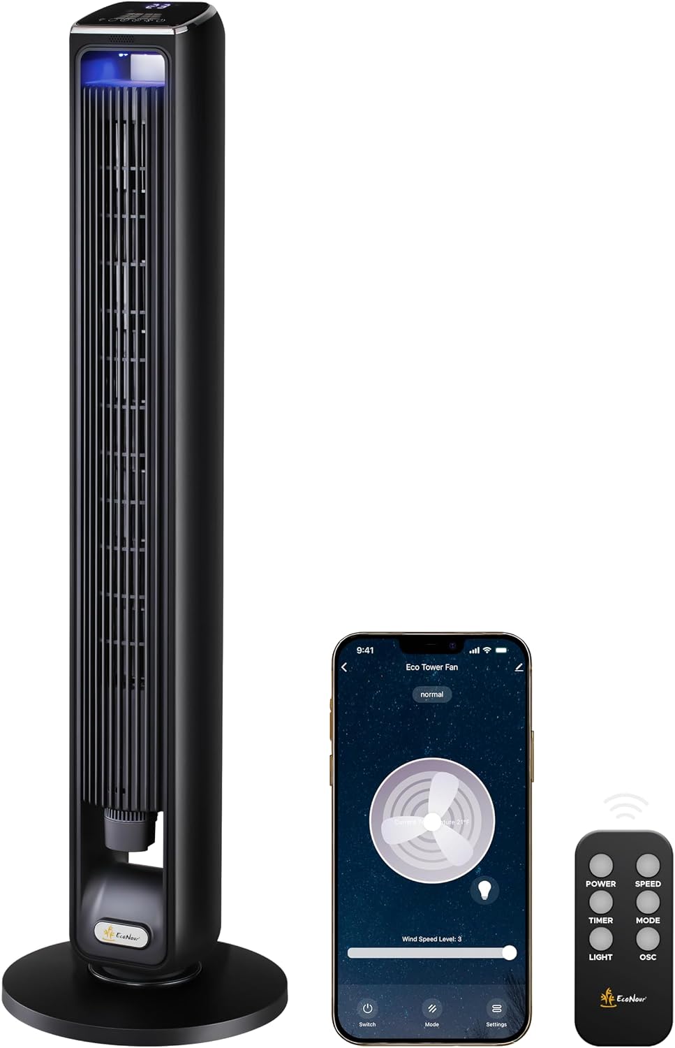 EcoNour 42-Inch Smart Tower Fan | Oscillating Quite Cooling Fan with WiFi/Alexa/Remote Control | 12 Speeds, 3 Modes, 15H Auto Timer | LED Touch Display, Bladeless Design Fans for Bedroom & Office