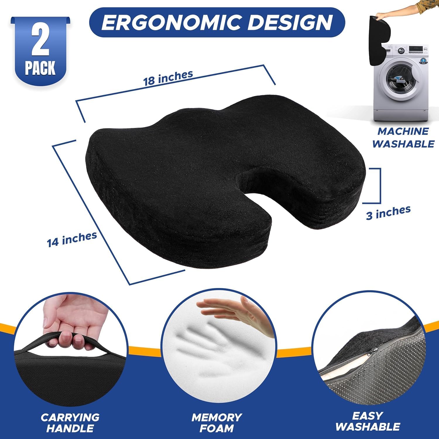 EcoNour Coccyx Cushion | Memory Foam Pain Relief Cushion for Back Support | Sciatica Tailbone Pain Relief | Anti-Slip Gel Orthopaedic Ergonomic Cushions for Office Chair (Seat Cushion Pack of 2)