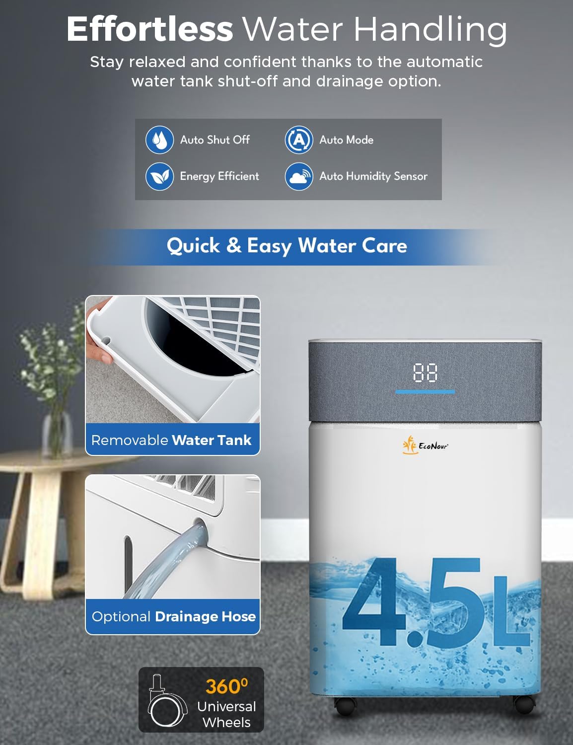 EcoNour Smart 20L WiFi Dehumidifier with Auto-Humidity Control | LED Display, 4.5L Tank, Laundry Dry Mode, 24-Hr Timer & Quiet Operation | Continuous Drain Option for Home, Bedroom, Basement & Garage