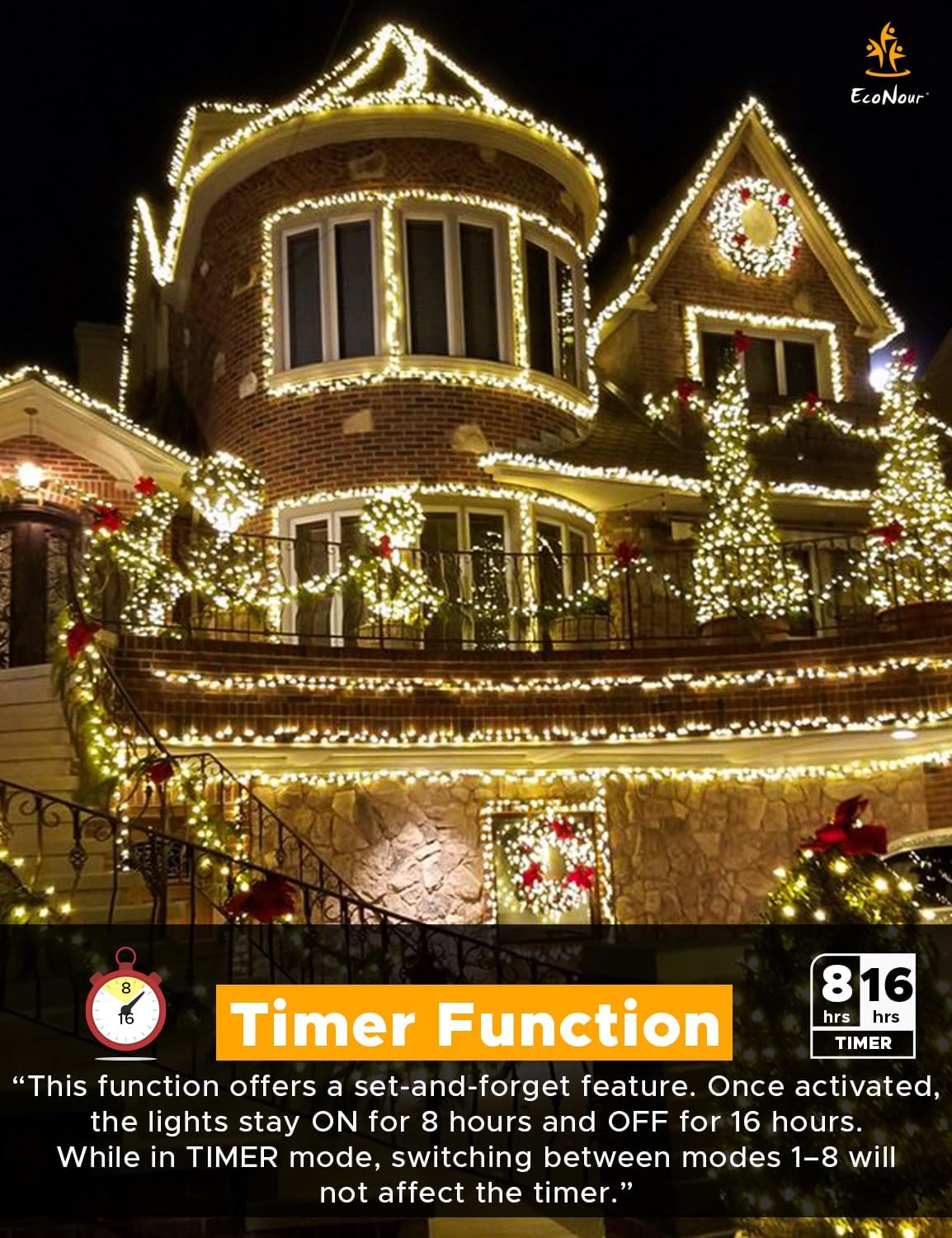 EcoNour Christmas Tree Lights Cluster Lights 480 LED - 6 Hours On Timer, 8 Light Modes, Plug in, Waterproof Indoor & Outdoor Use – 480 LED / 6m Lit Length, Warm White