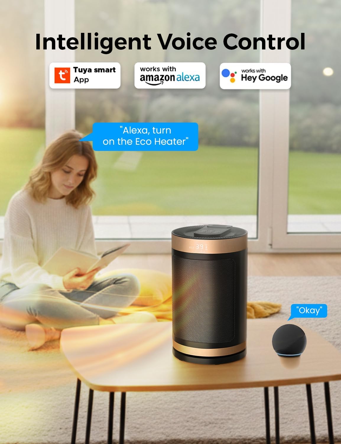 EcoNour Electric Heater, 1500 W Energy Efficient Space Silent Smart WiFi Room Heater, Portable Ceramic Room Heater with Thermostat, 3 Heat Modes, Fast Heating, Overheat & Tip-Over Safety Protection