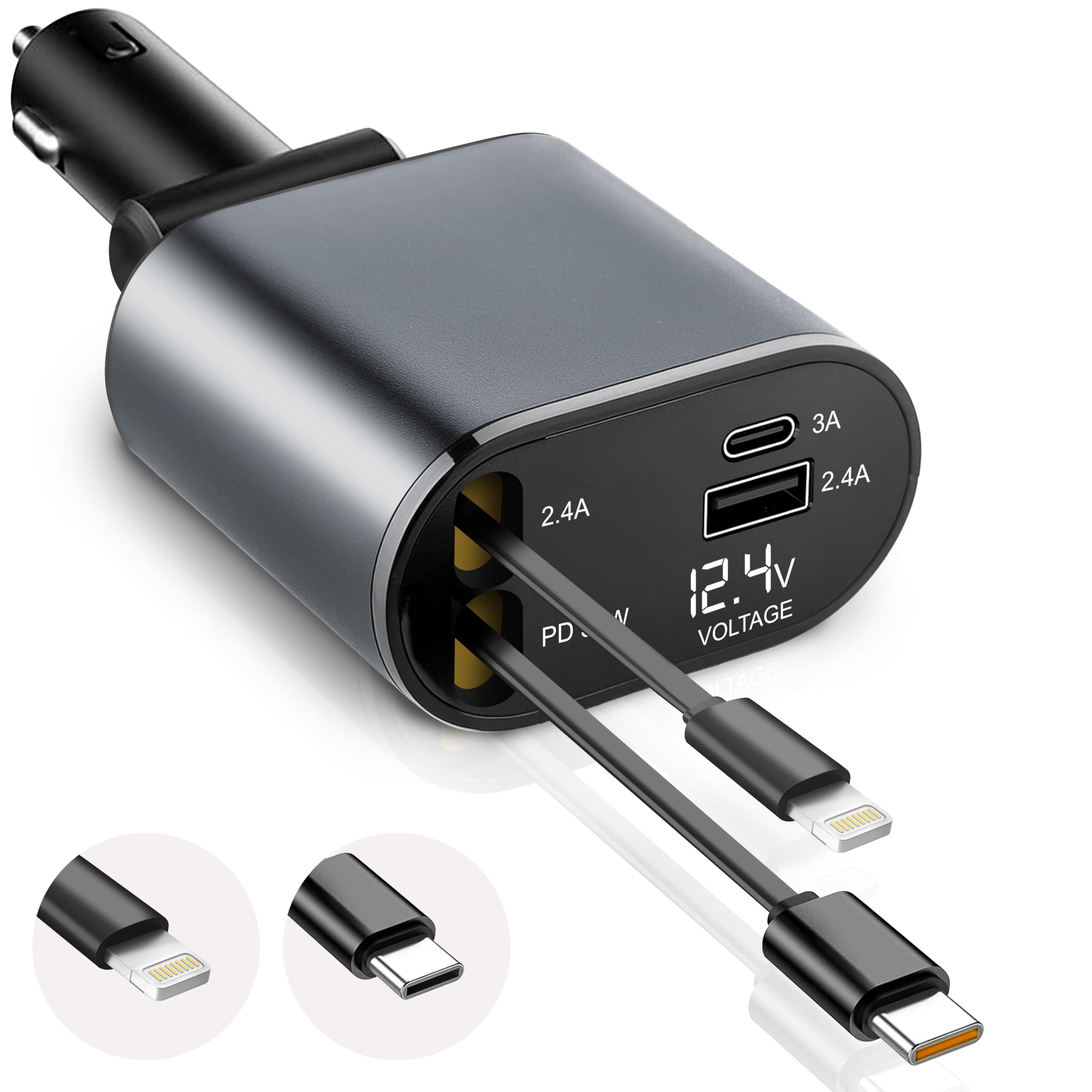 EcoNour Super Fast 4-in-1 Retractable Car Charger | PD30W Dual Apple Charger for iPhones & Multiple Devices | 82 cm Long, Flexible & Compact Design | Compatible with Iphones, Samsung & Android Devices