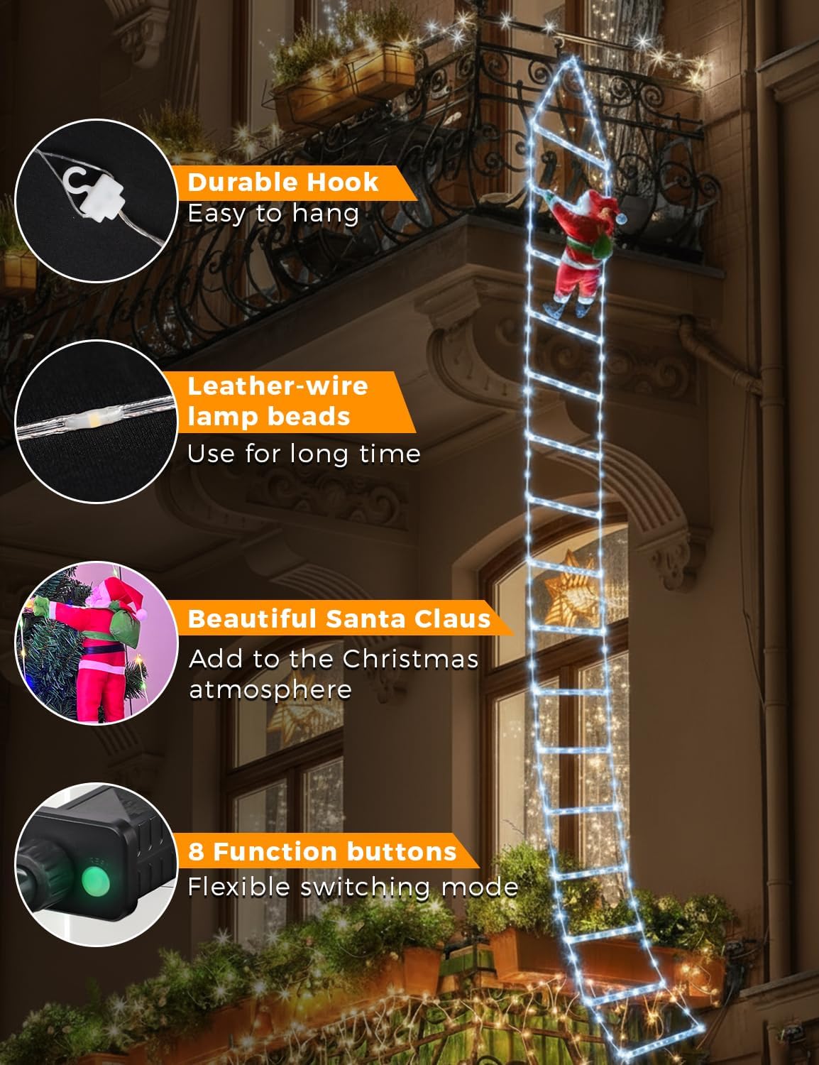EcoNour Christmas Ladder Lights with Santa Claus - 200 LED Lights, 8 Light Modes, Timer Memory Function, Mains Powered, Indoor Outdoor Garden Tree Christmas Decorations (Cool White)