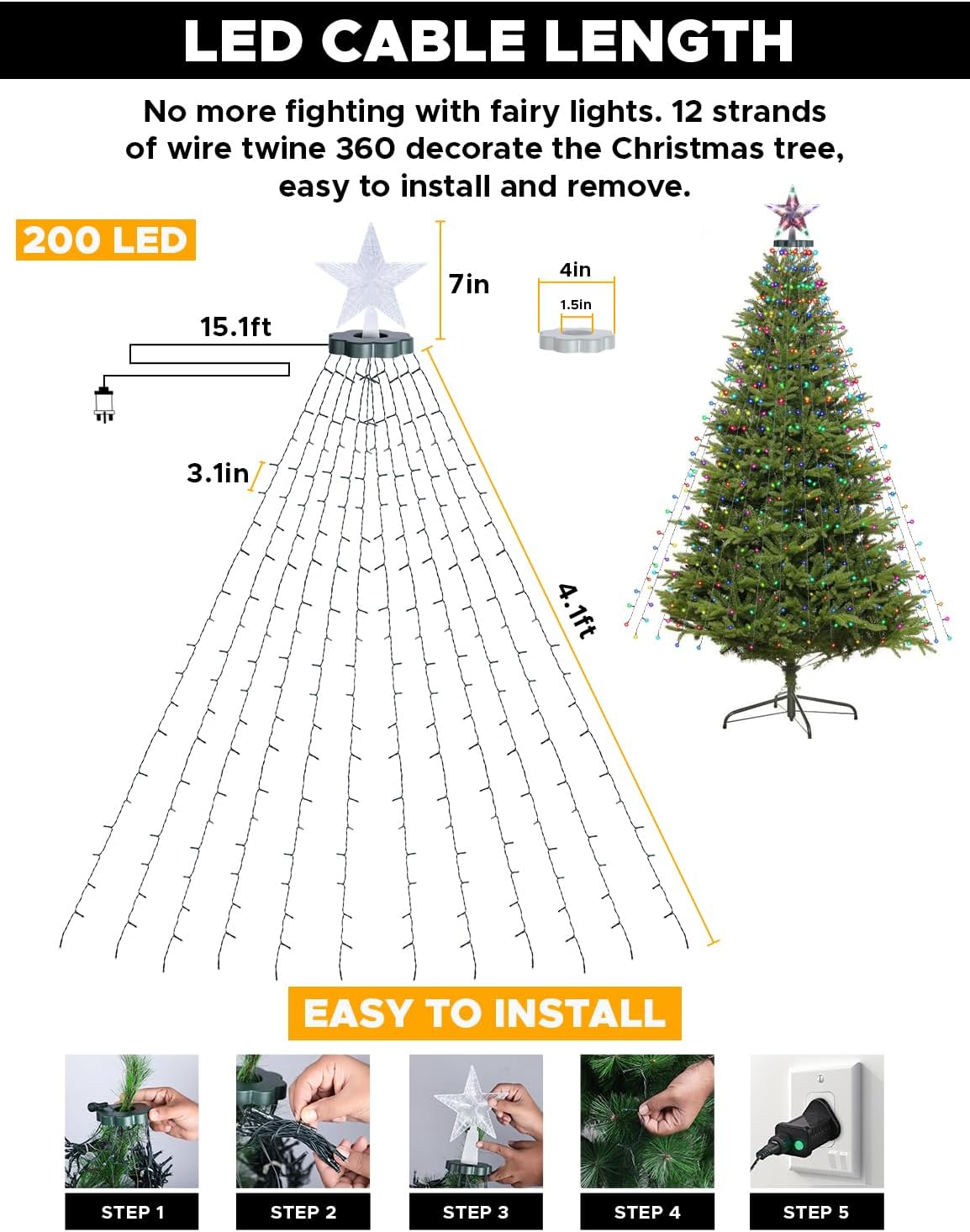 EcoNour 1.5m Cluster Tree Lights | 200 LED String Lights with Ring and 12 Garlands | 8 Modes LED String Lights for Christmas Trees (150cm & 180cm) | Multicolor Decoration Light