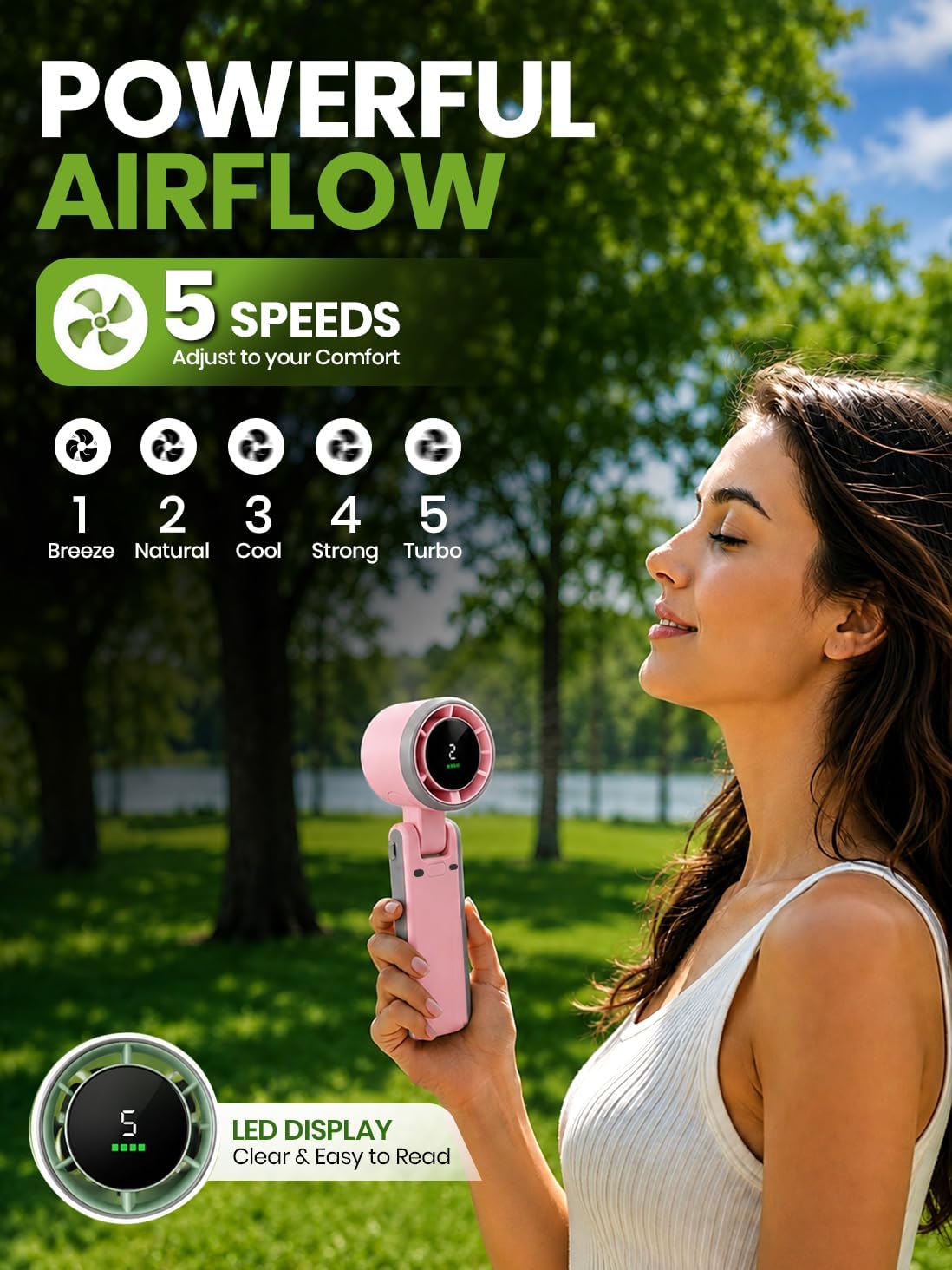 EcoNour Portable Handheld Turbo Fan - 5 Gear High Speed 4000mAh Rechargeable Mini Personal Hand Fan Blow Cold Air, Battery Operated Travel Essentials, Holiday Gifts for Women, Men - Pink