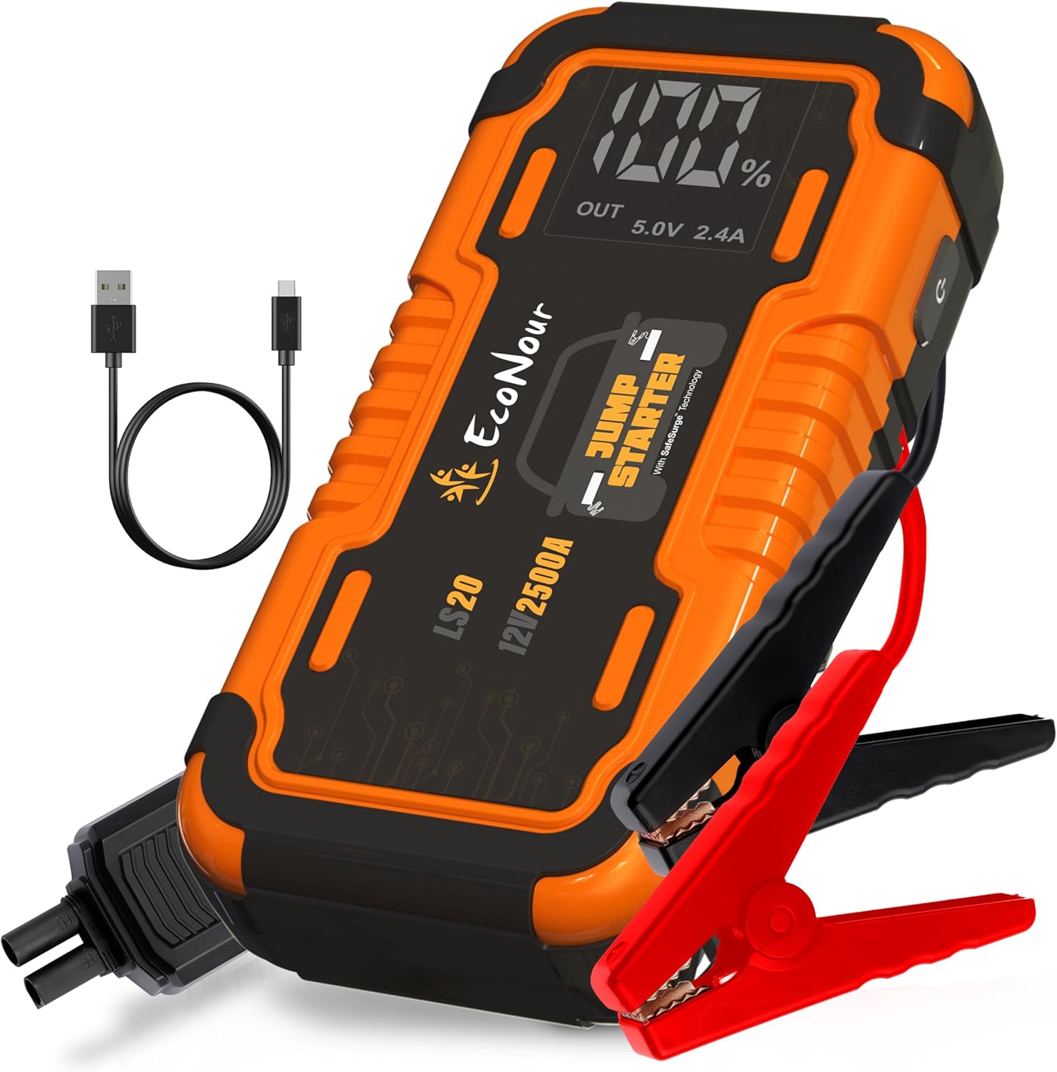 EcoNour LS20 Car Battery Jump Starter - 2000A Portable, 12V Jump Starters Car Battery Charger with SOS & Jumper Cable, Ideal for Up to 7.0L Gas & 3.0L Diesel Engines (16000 mAh)