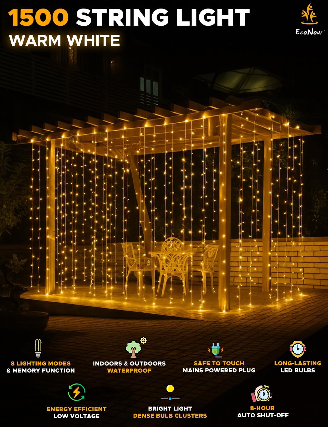 EcoNour String Lights 1500 LED 100m String Tree Lights for Indoor & Outdoor Warm White Decorations Fairy String Lights for Xmas Garden Bedroom & Party | Mains Powered Clear Cable